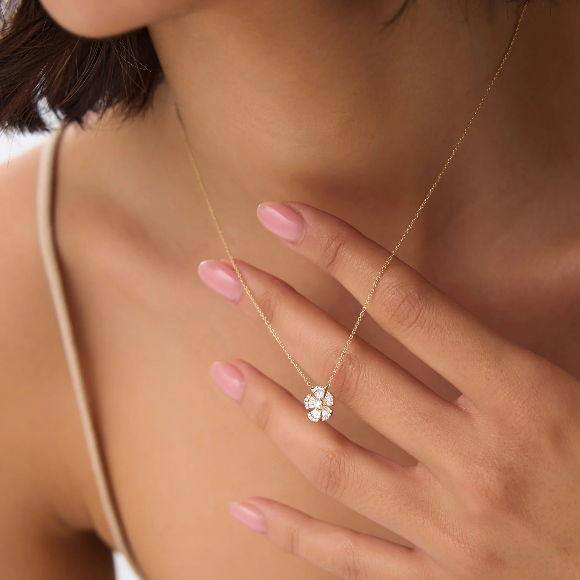 14k Baguette and Round Diamond Flower Necklace - Image 5