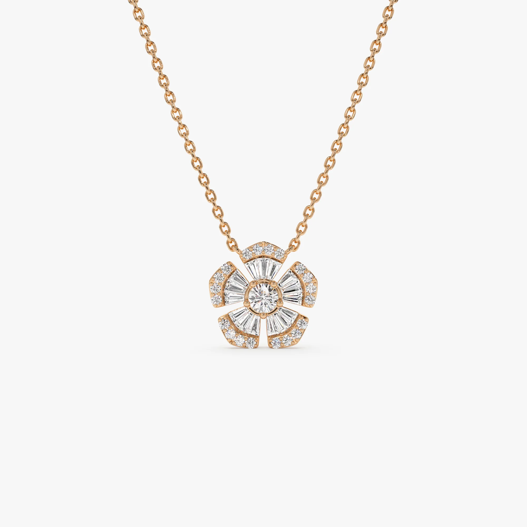 14k Baguette and Round Diamond Flower Necklace - Image 8