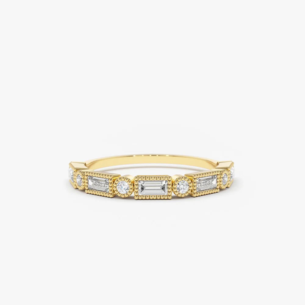 14K Gold Baguette and Round Diamond Ring