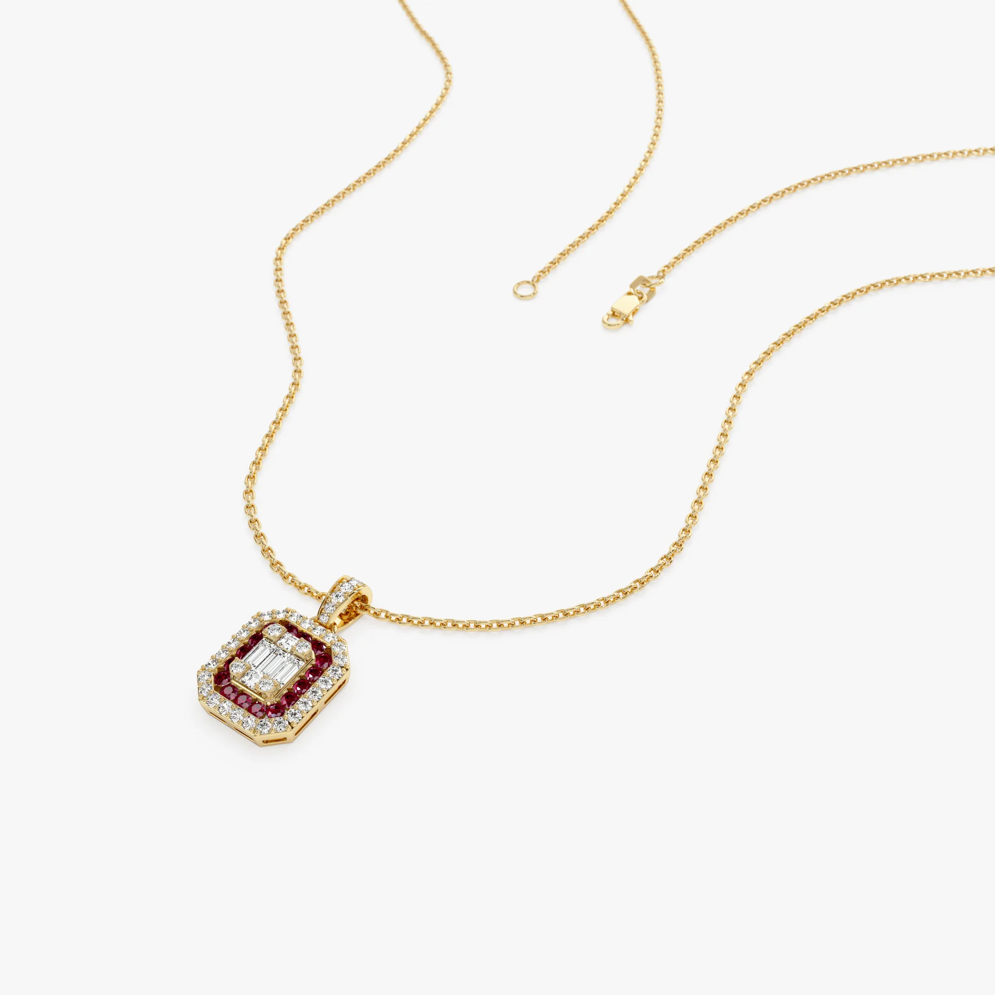 14k Baguette and Round Ruby Necklace with Halo Setting - Image 6