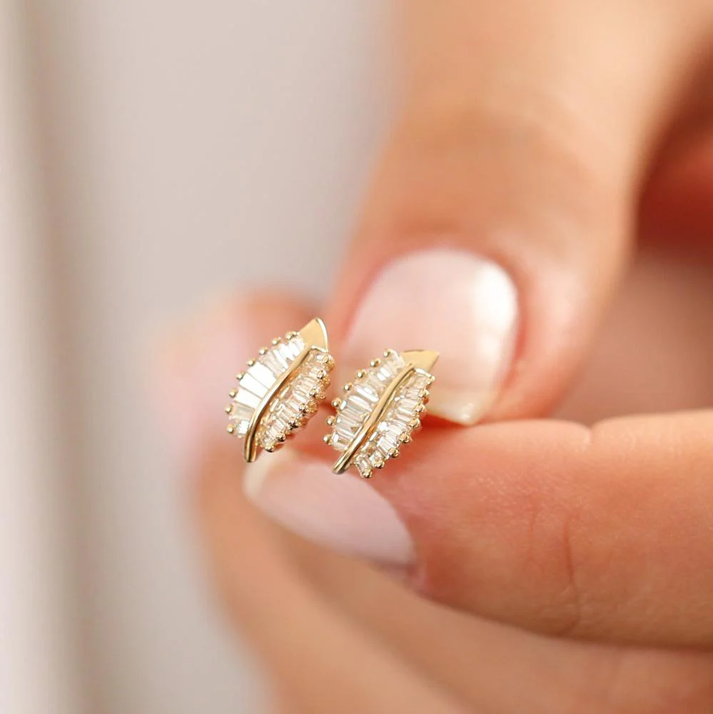 14k Baguette Diamond Leaf Earrings - Image 3
