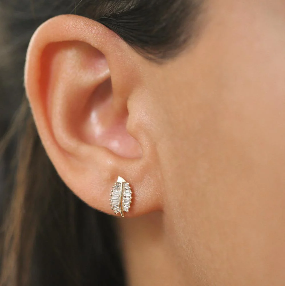 14k Baguette Diamond Leaf Earrings - Image 4