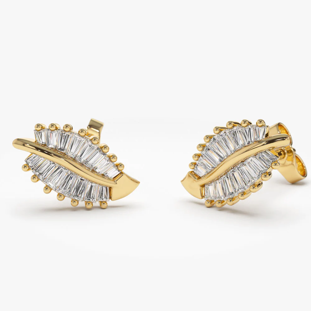 14k Baguette Diamond Leaf Earrings - Image 7