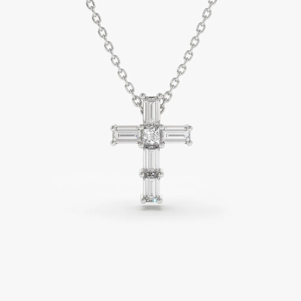 14K Gold Baguette Diamond Tiny Cross Necklace - Image 8