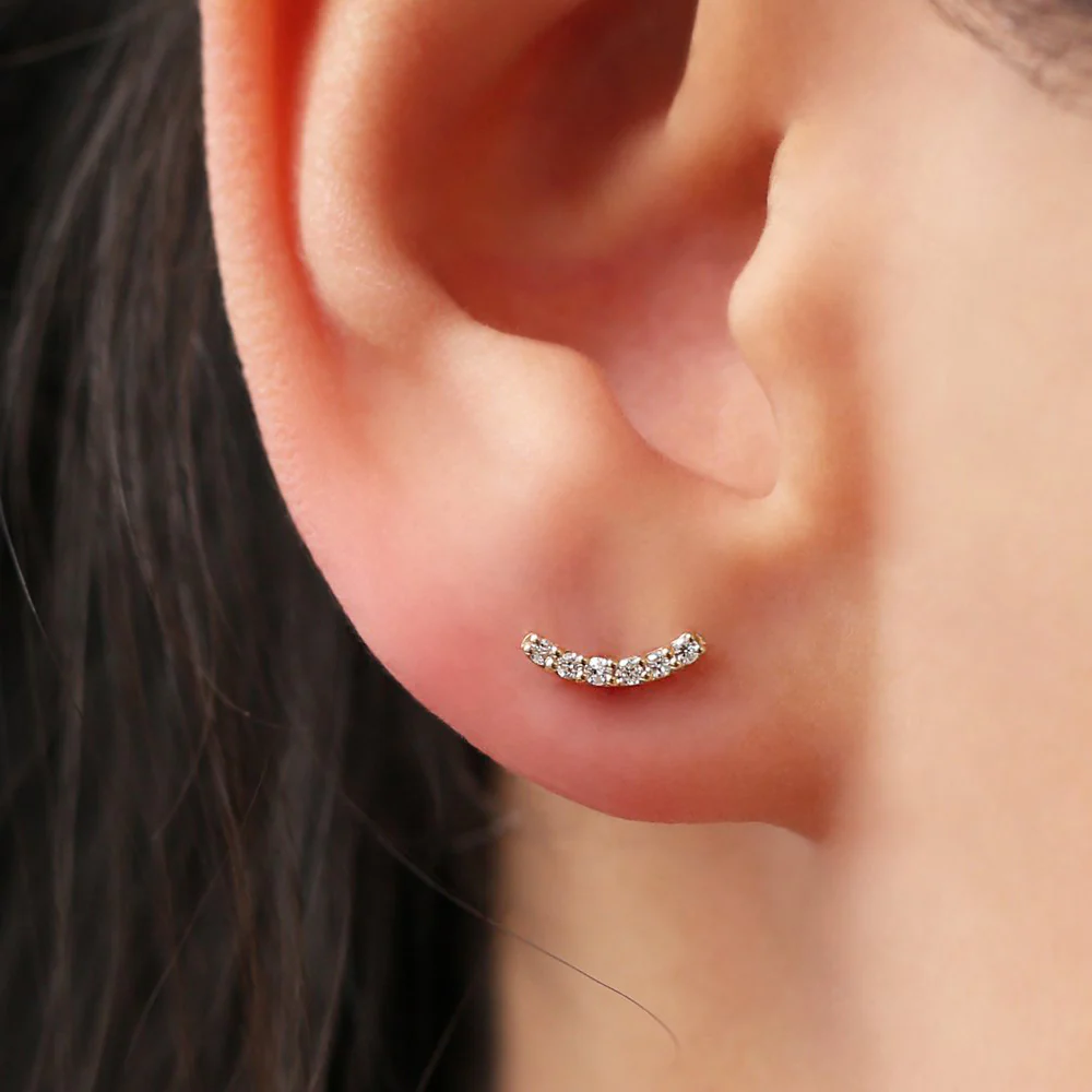 14K Gold Diamond Curved Bar Stud Earrings - Image 2