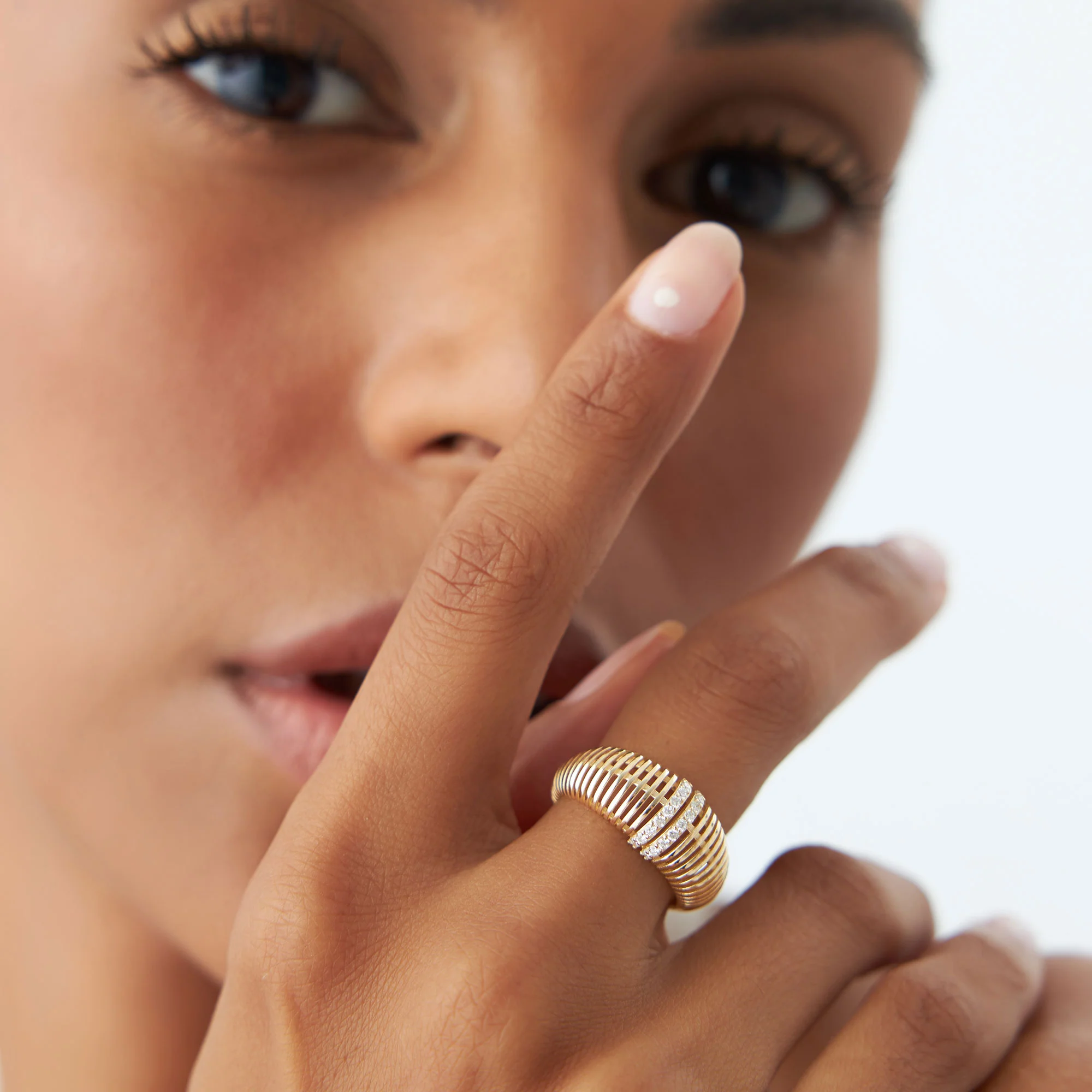 14K Diamond-Encrusted Ribbed Dome Statement Ring - Image 8