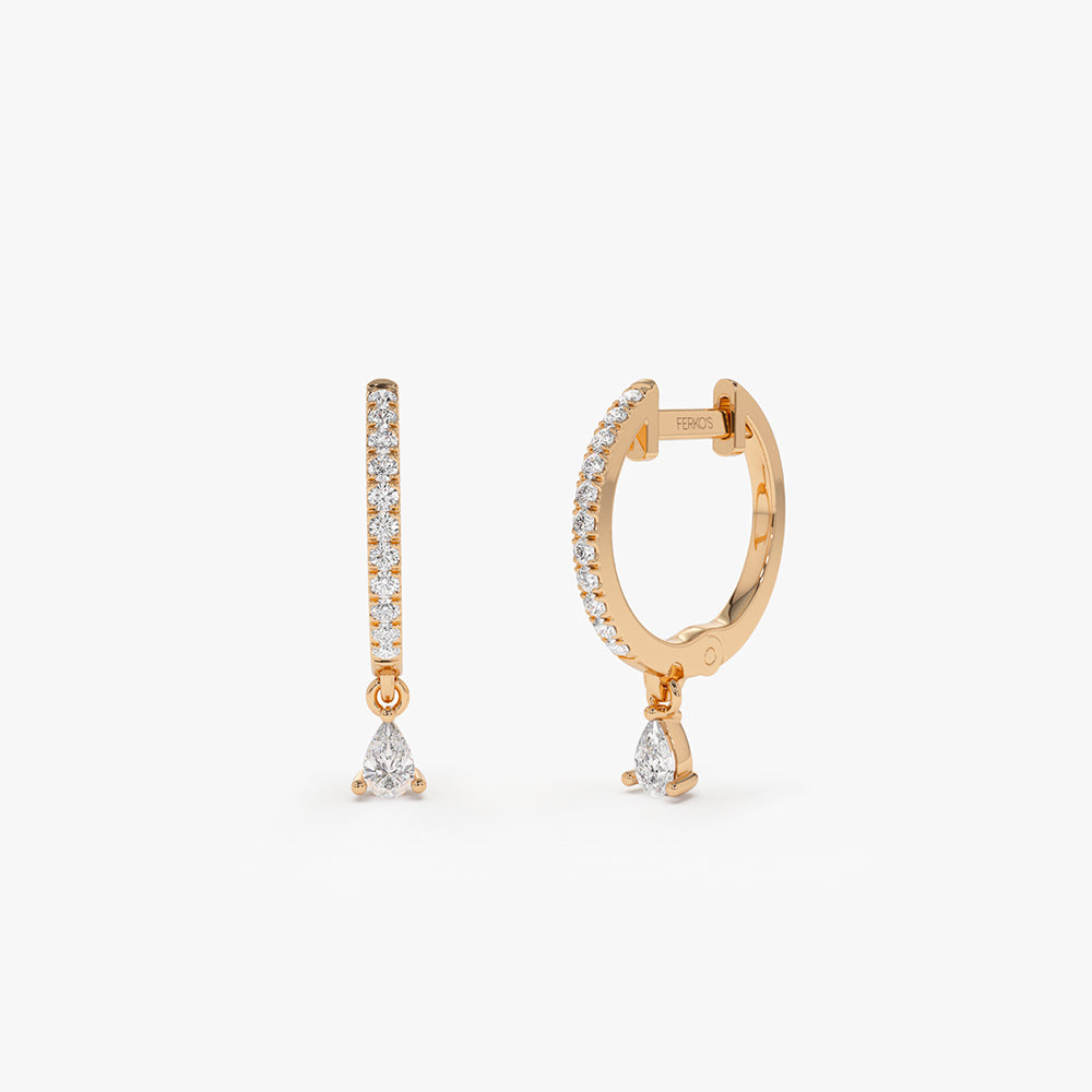 14k Diamond Huggies with a Dangling Pear Shape Diamond - Image 3
