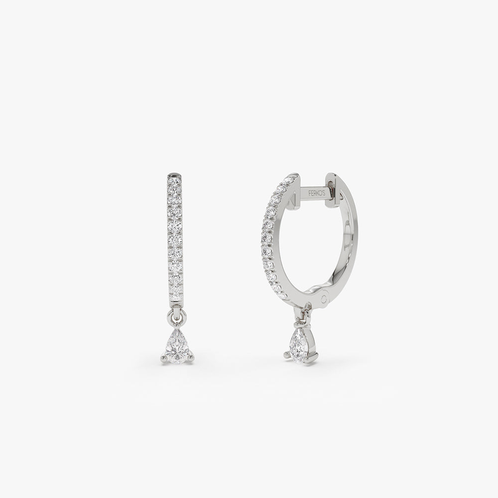 14k Diamond Huggies with a Dangling Pear Shape Diamond - Image 4