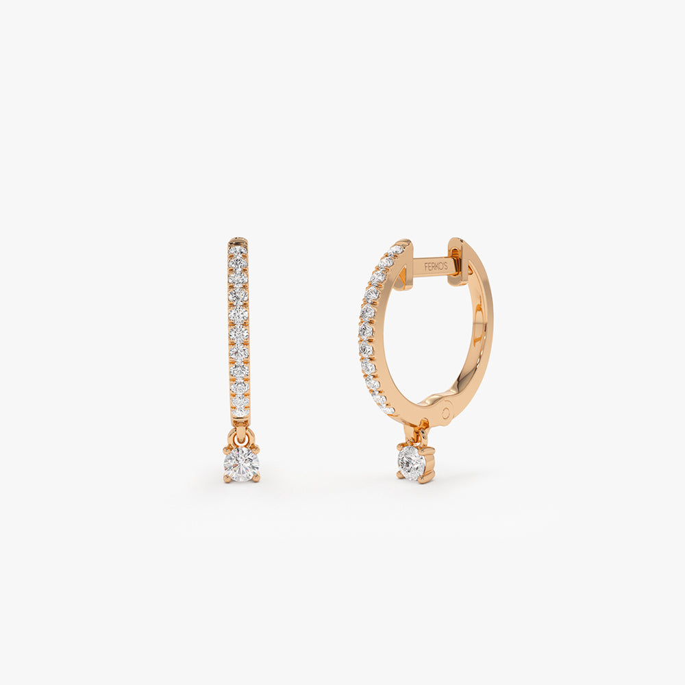 14k Diamond Huggies with a Dangling Round Diamond - Image 4