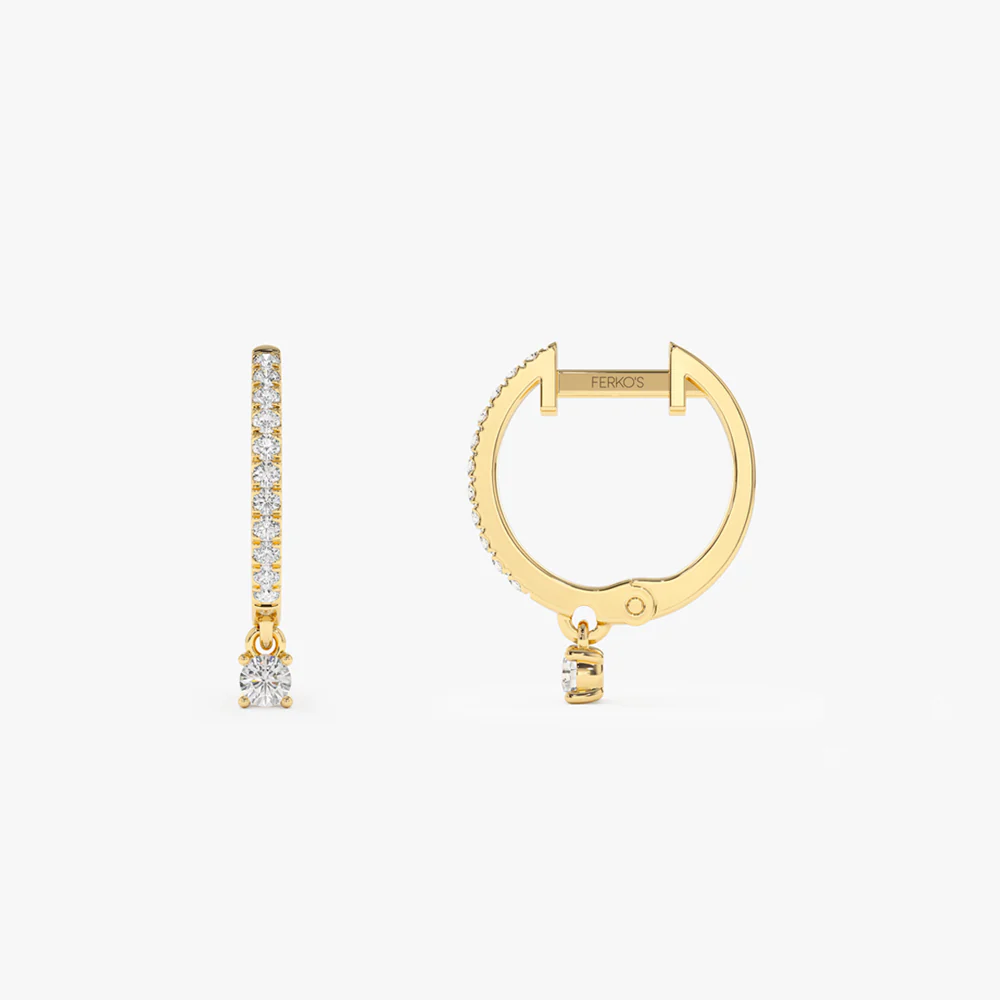 14k Diamond Huggies with a Dangling Round Diamond - Image 6