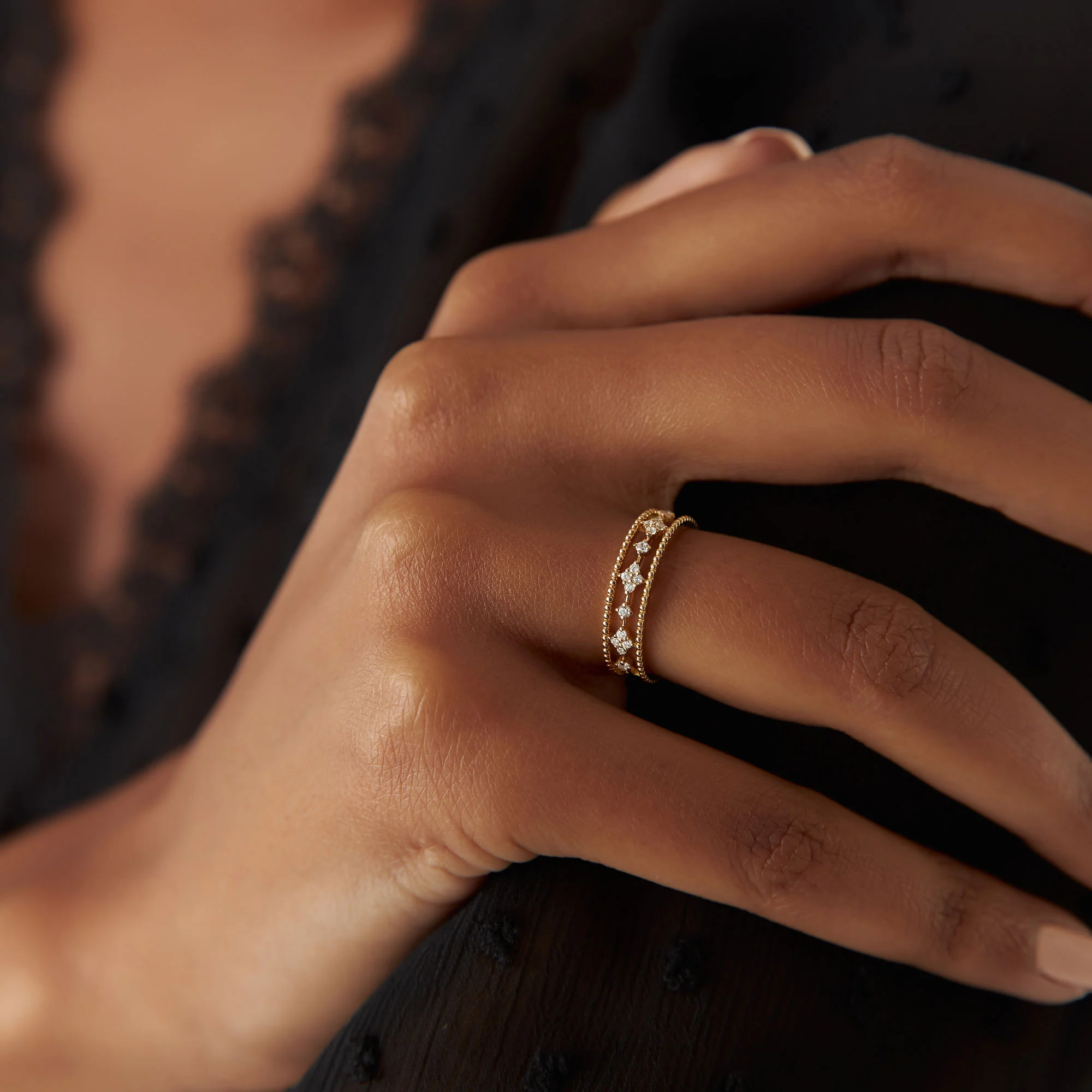 14k Diamond Statement Ring with Beaded Band - Image 2