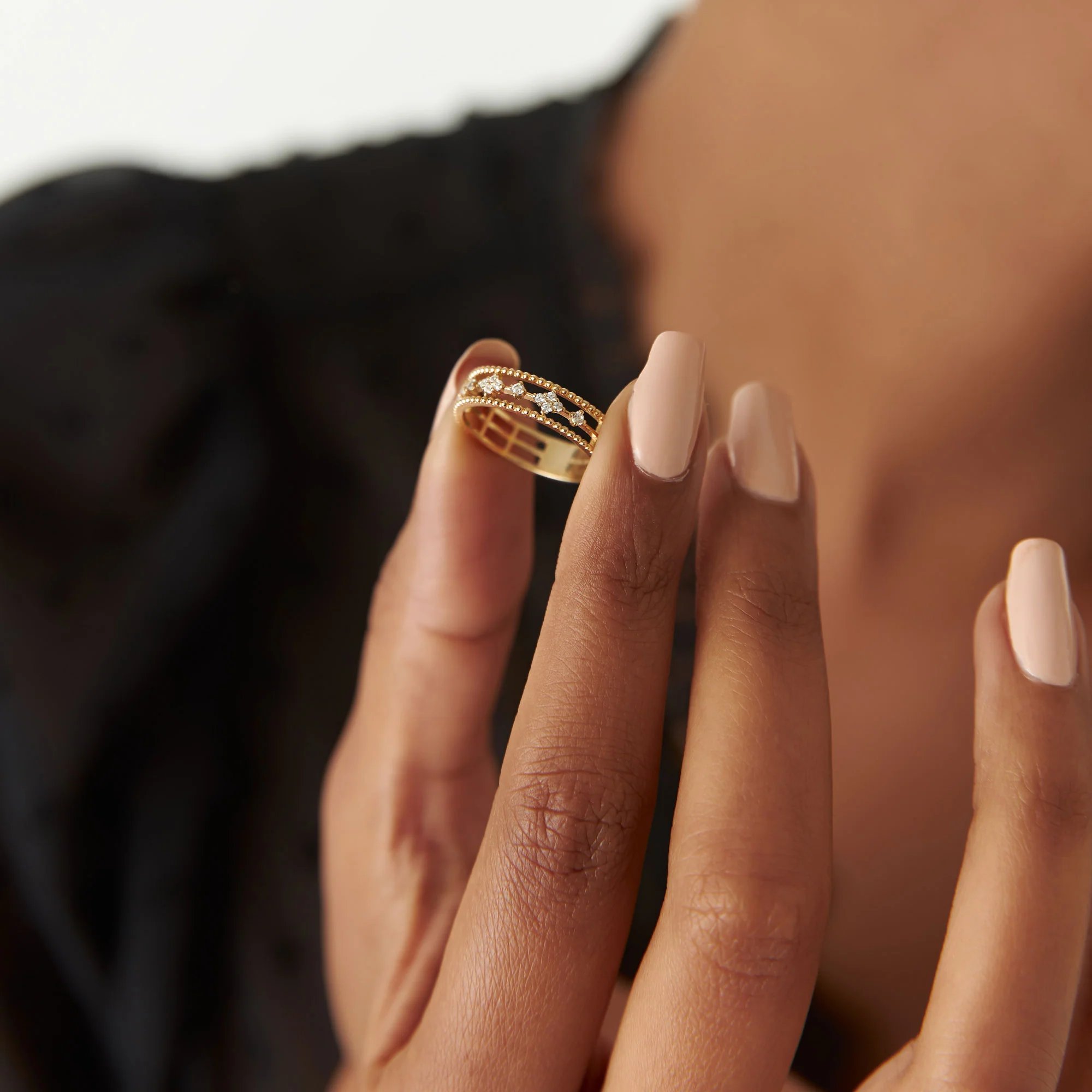 14k Diamond Statement Ring with Beaded Band - Image 3