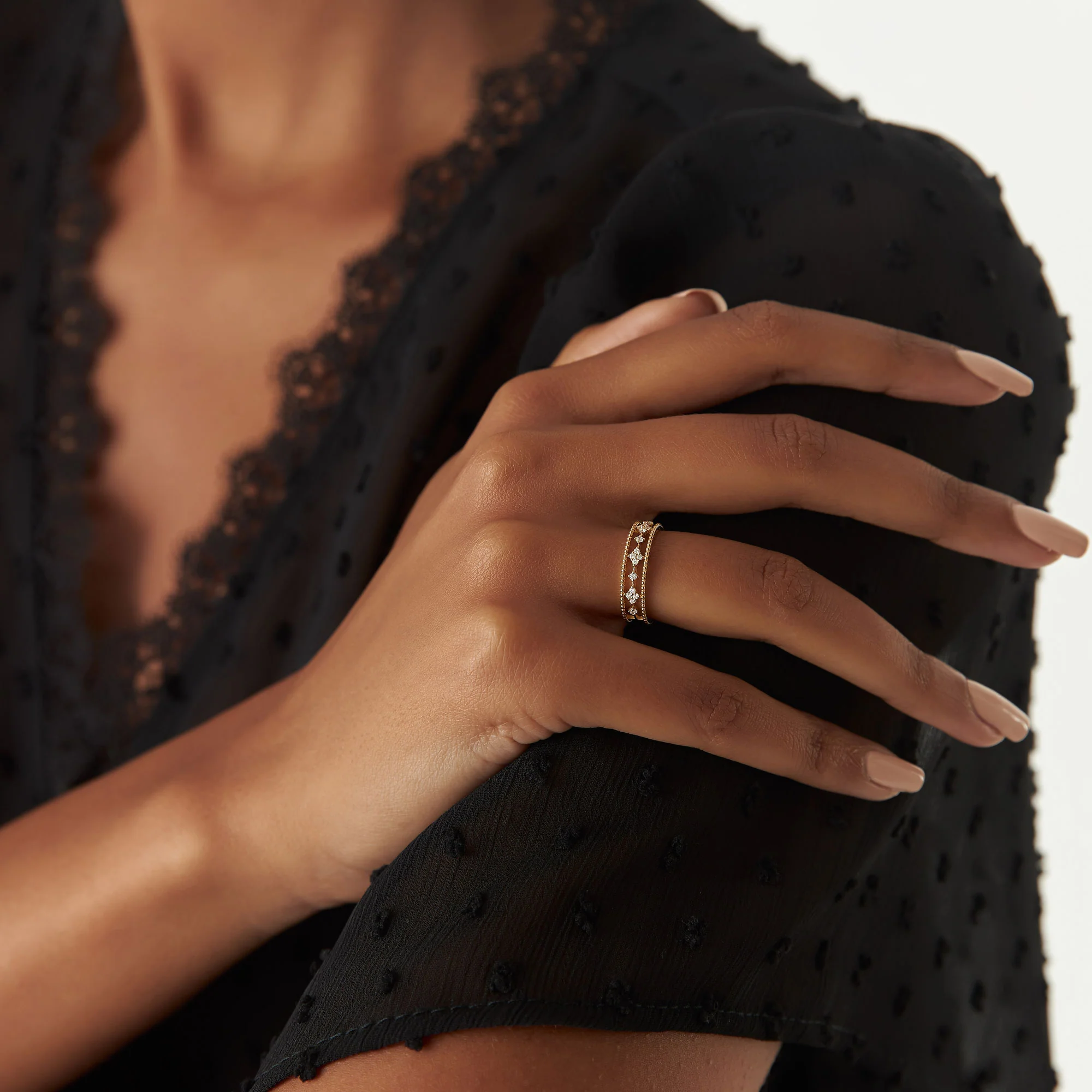14k Diamond Statement Ring with Beaded Band - Image 4