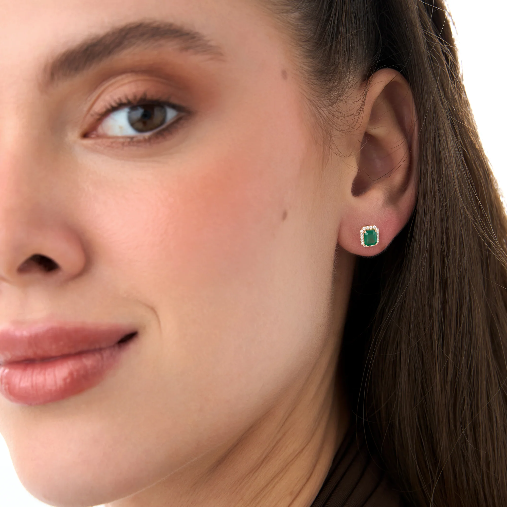 14k Emerald and Diamond Halo Stud Earrings - Image 3