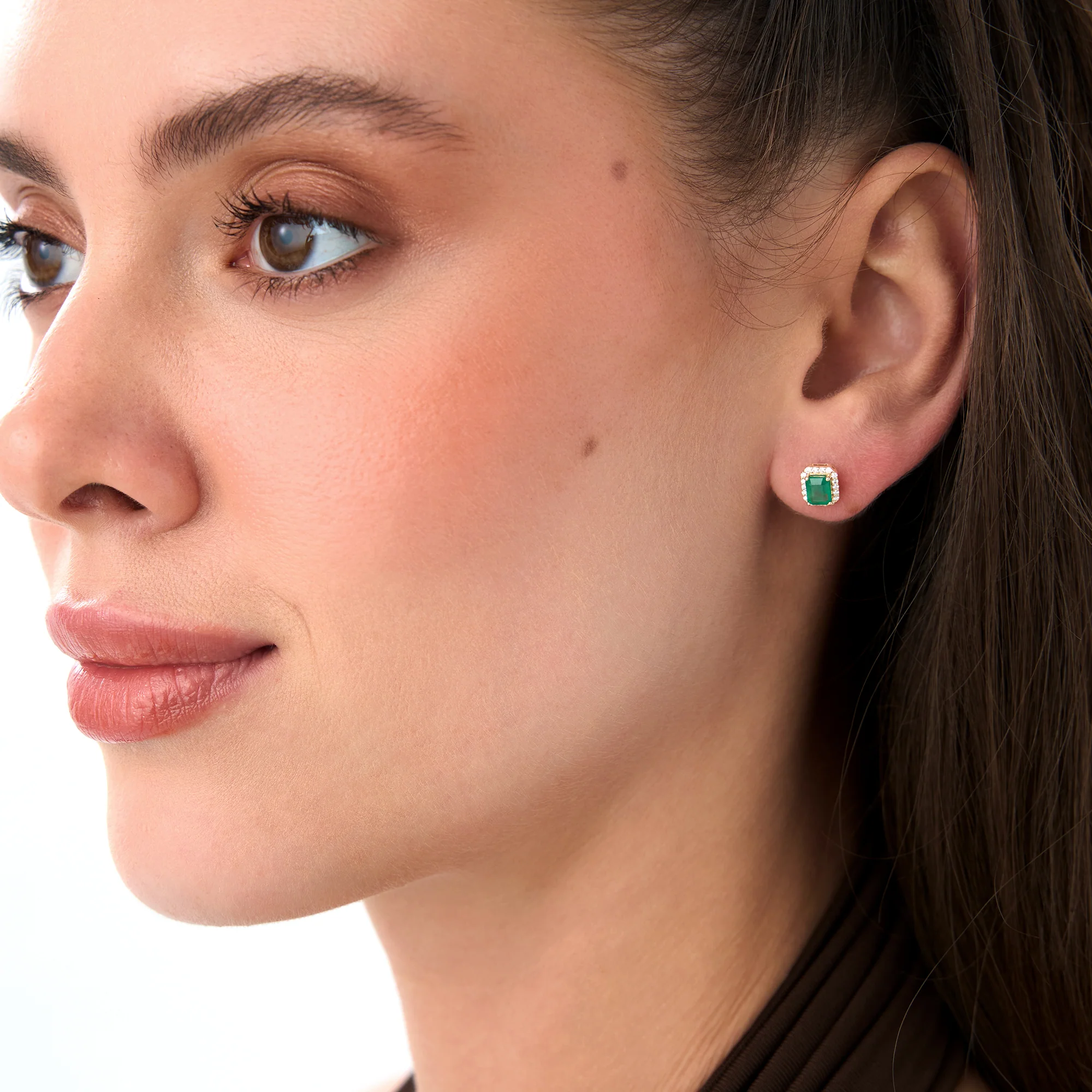 14k Emerald and Diamond Halo Stud Earrings - Image 4