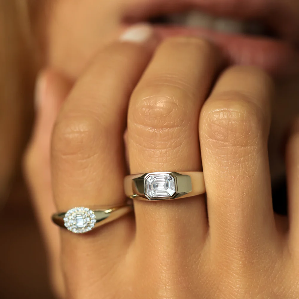 14k Emerald Cut Illusion Mosaic Solitaire Pinky Ring - Image 2
