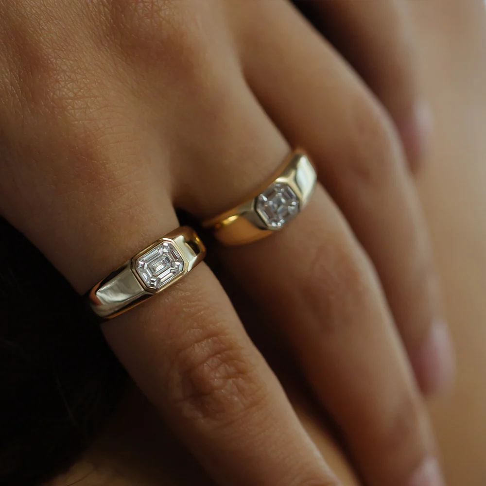 14k Emerald Cut Illusion Mosaic Solitaire Pinky Ring - Image 4