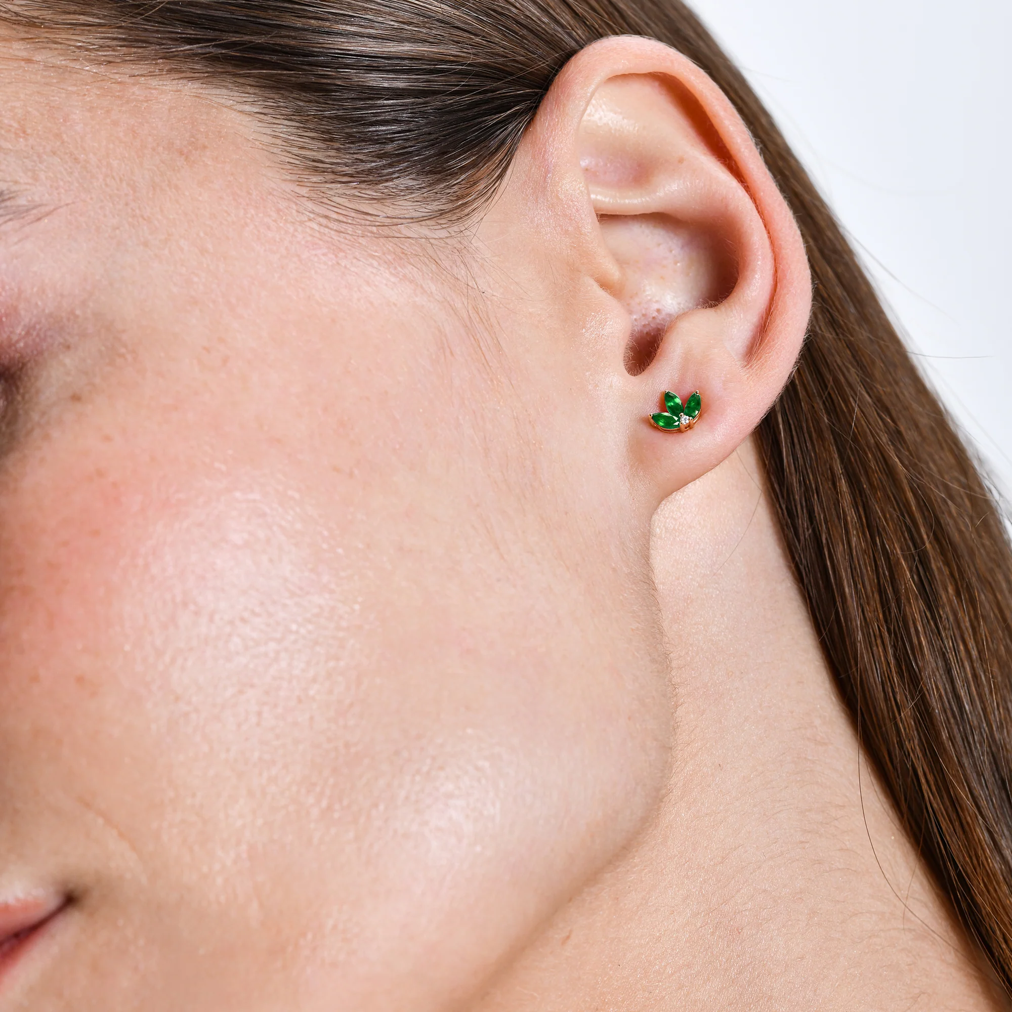 14k Emerald Petal and Diamond Stud Earrings - Image 2