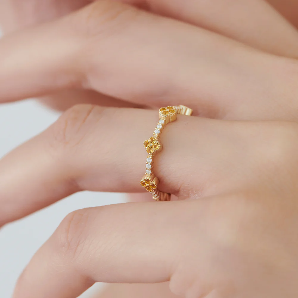 14k Full Eternity Clover Citrine and Diamond Ring - Image 2