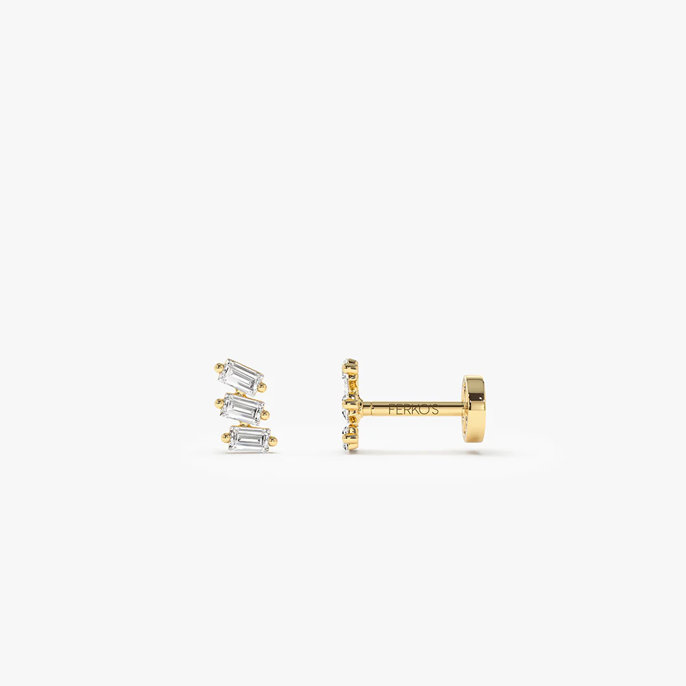 14K Gold Baguette Diamond Climber Flat Back Stud
