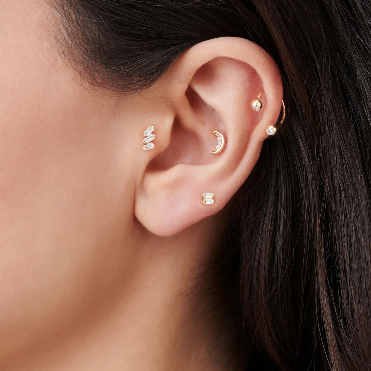 14K Gold Baguette Diamond Climber Flat Back Stud - Image 2