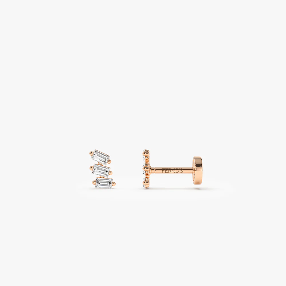 14K Gold Baguette Diamond Climber Flat Back Stud - Image 3