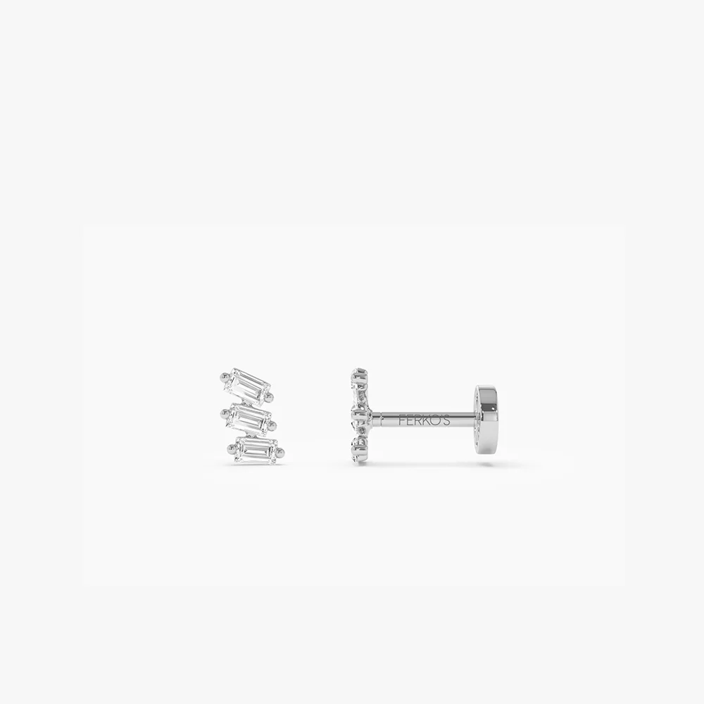 14K Gold Baguette Diamond Climber Flat Back Stud - Image 4