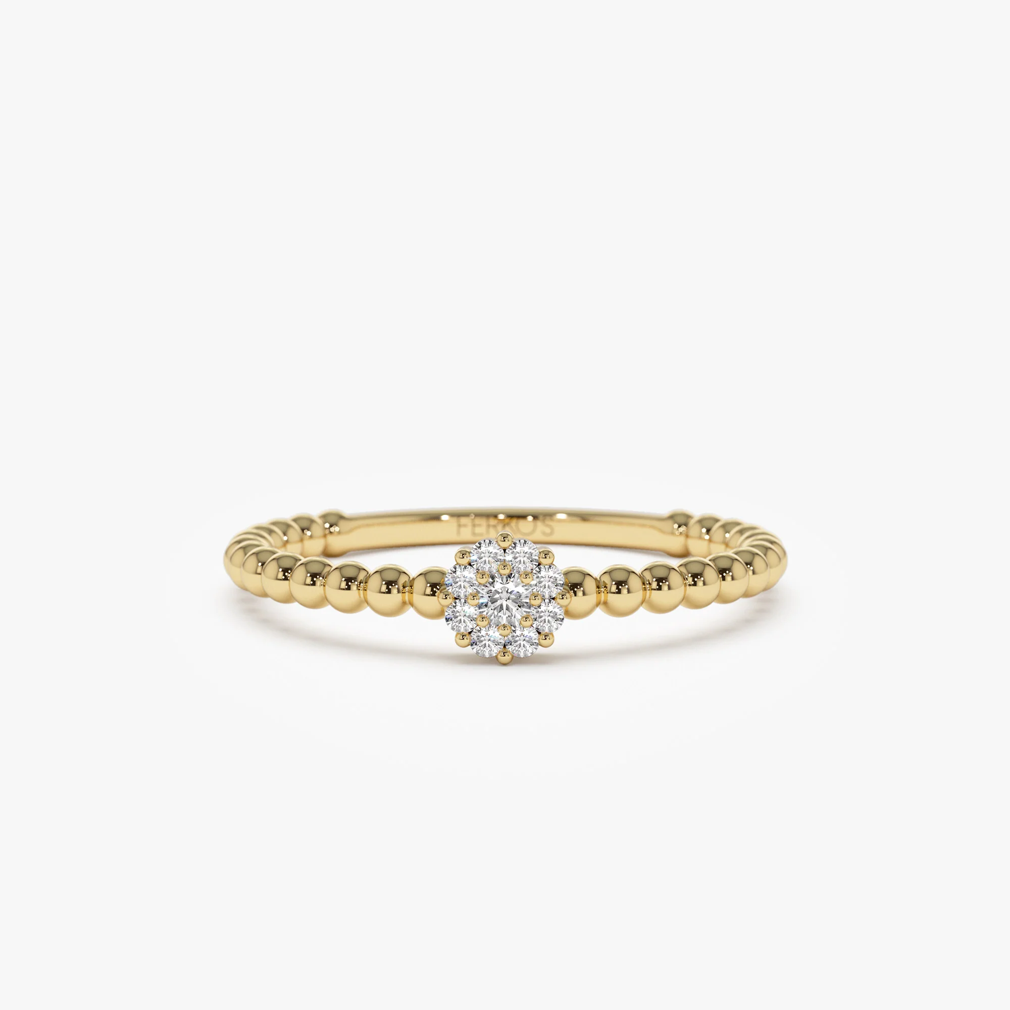 14K Gold Beaded Floral Diamond Ring