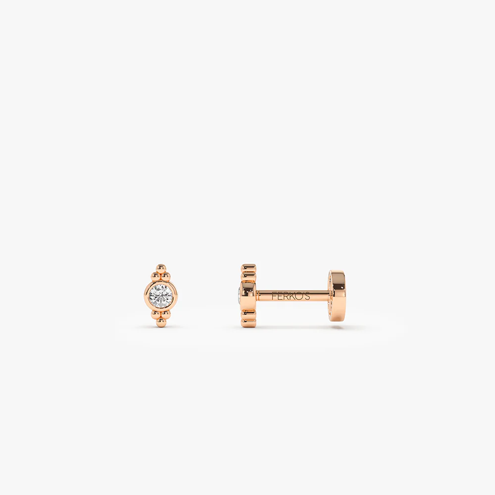 14K Gold Bezel Diamond Flat Back Stud with Milgrain Detail - Image 2