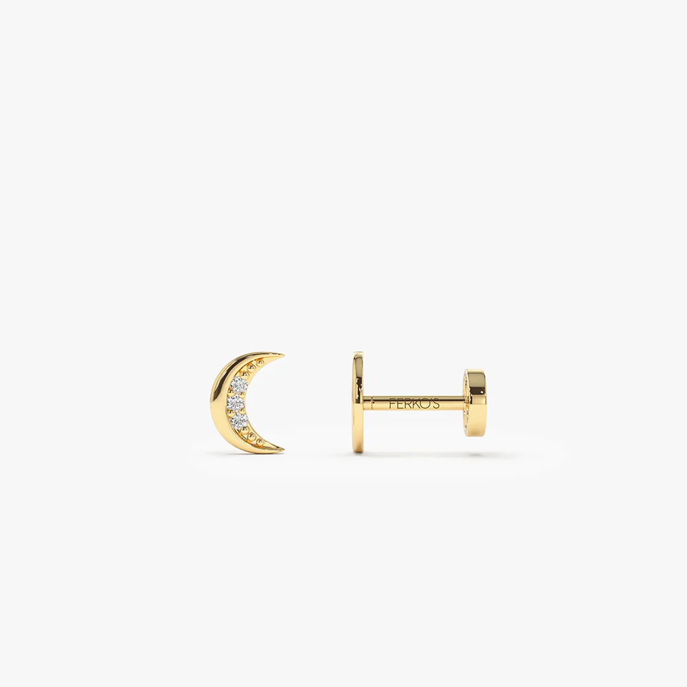 14K Gold Diamond Crescent Moon Flat Back Stud