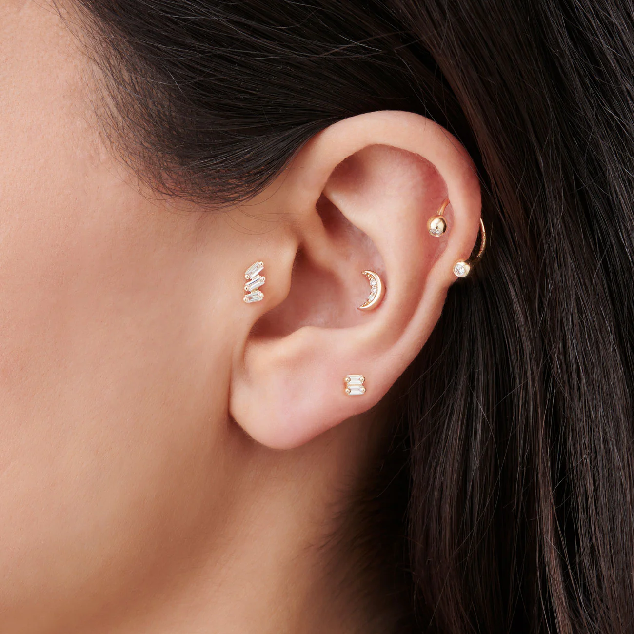 14K Gold Diamond Crescent Moon Flat Back Stud - Image 2