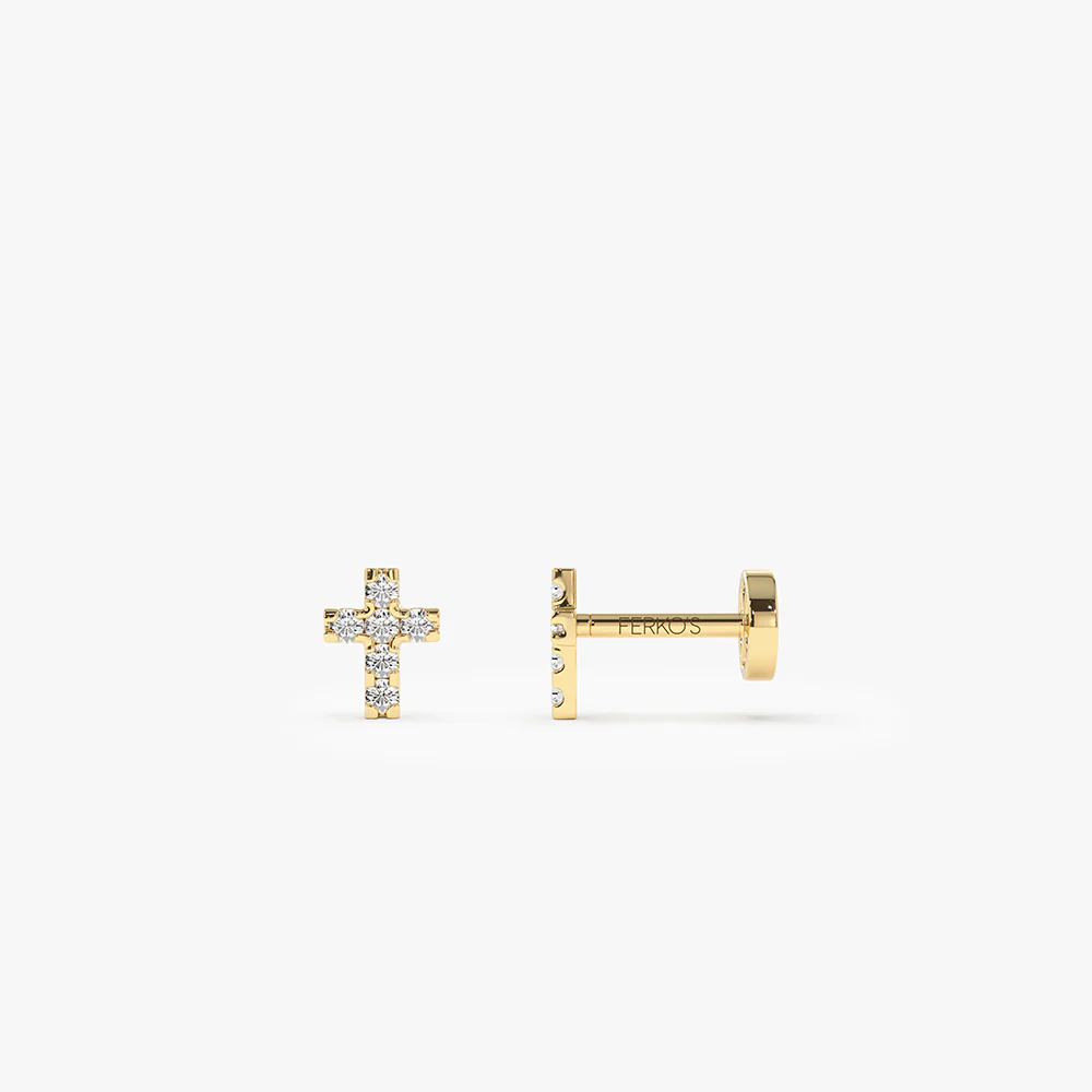 14K Gold Diamond Cross Flat Back Piercing Stud