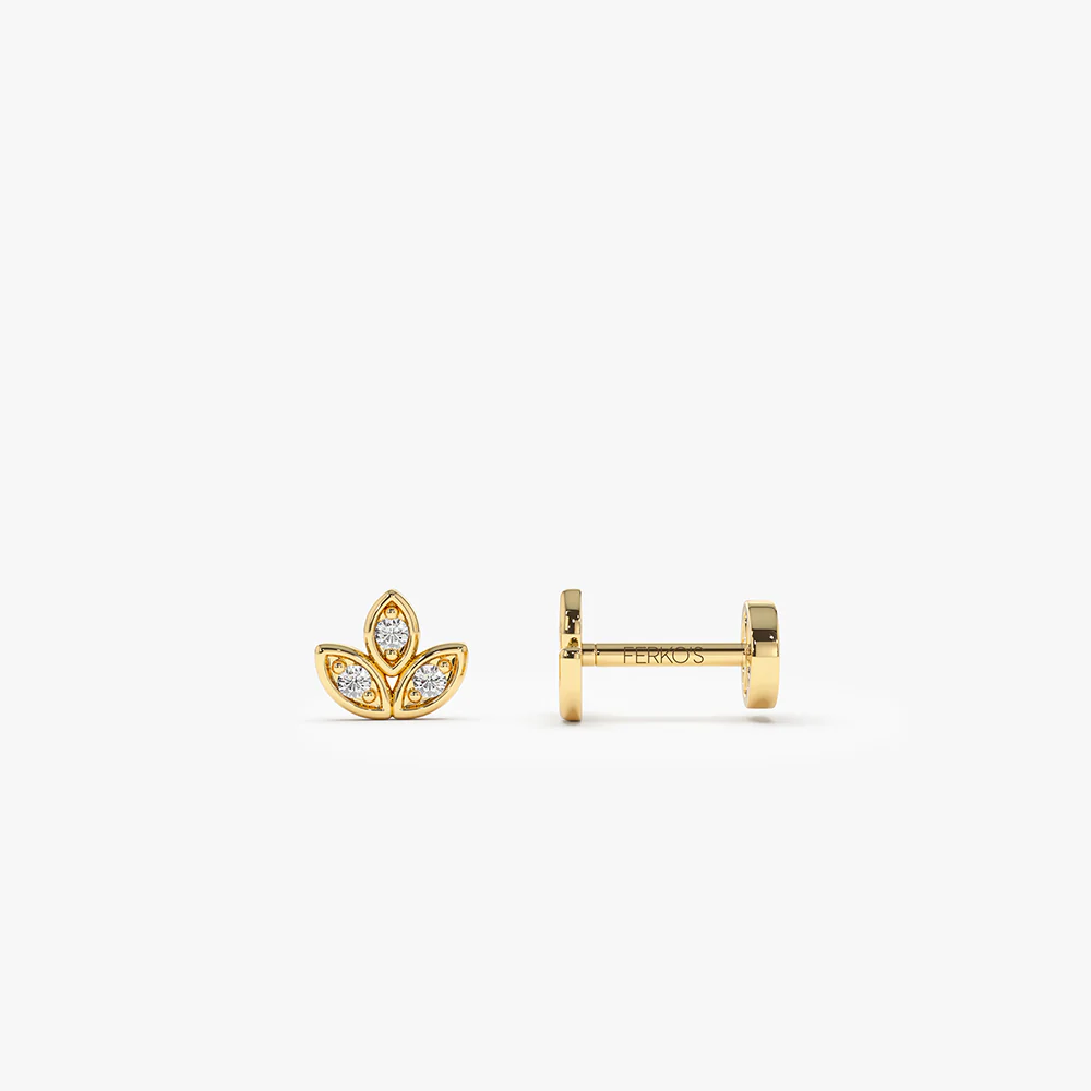 14K Gold Leaf Shape Diamond Cluster Flat Back Stud