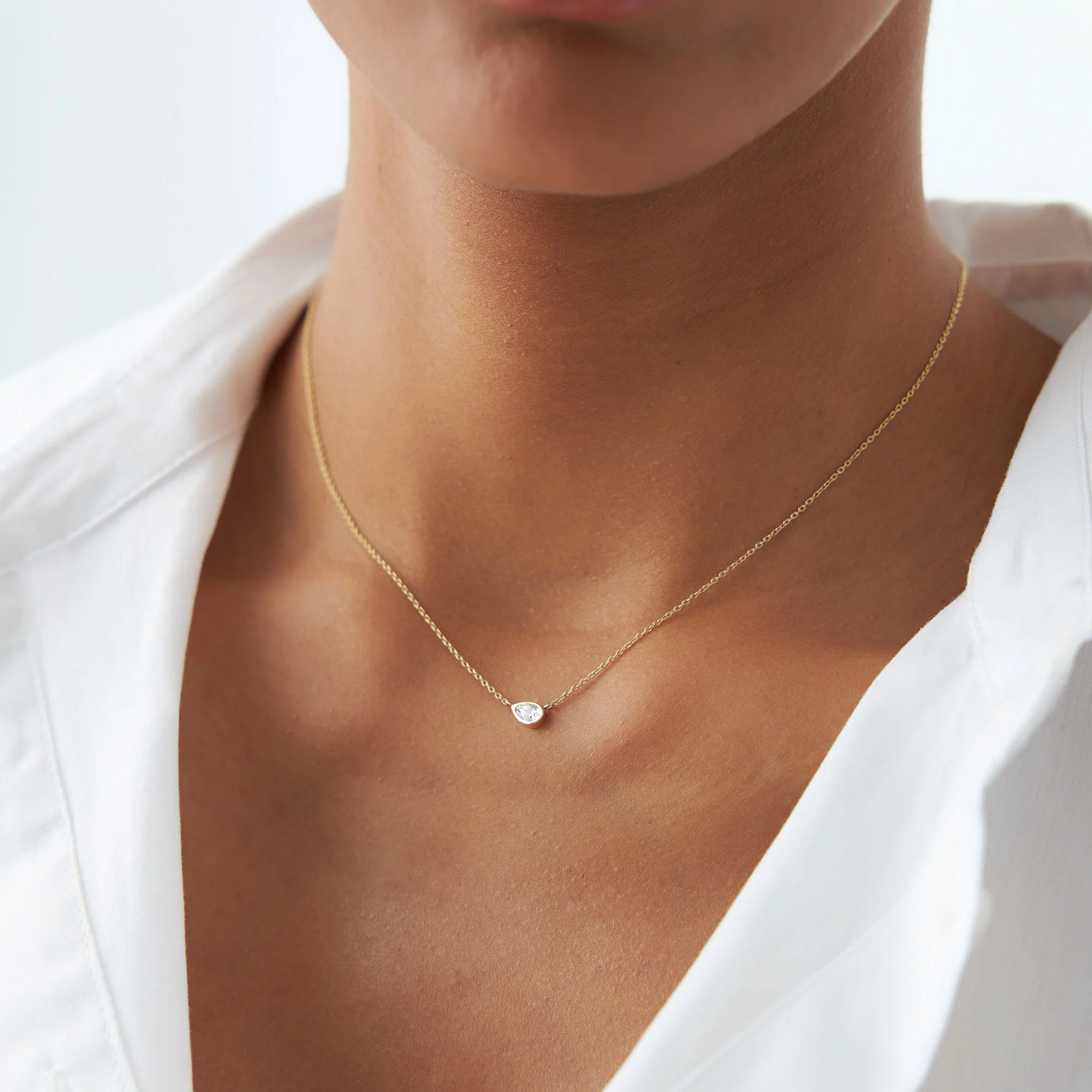 14K Gold Horizontal Pear Shape Diamond Solitaire Necklace - Image 3