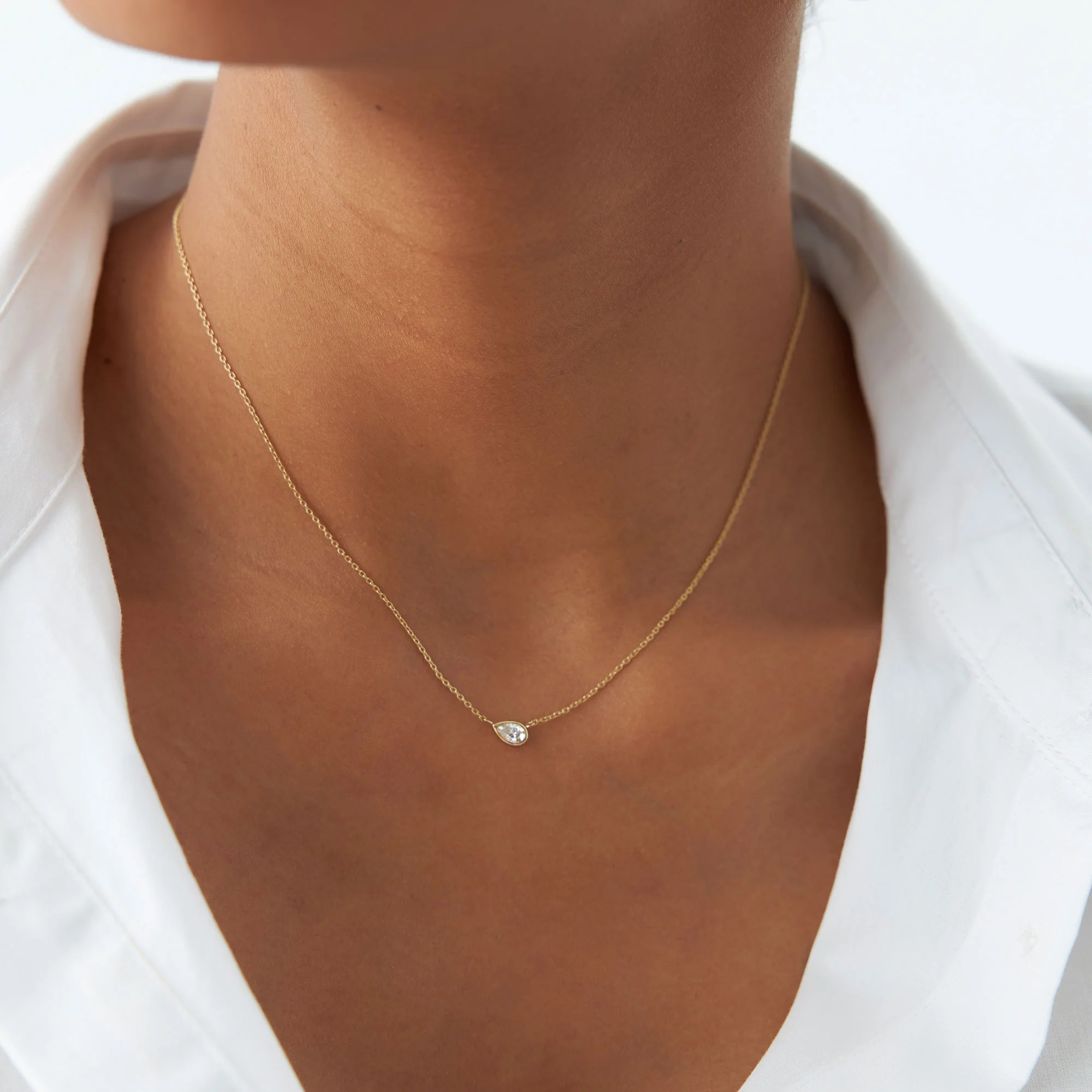 14K Gold Horizontal Pear Shape Diamond Solitaire Necklace - Image 4