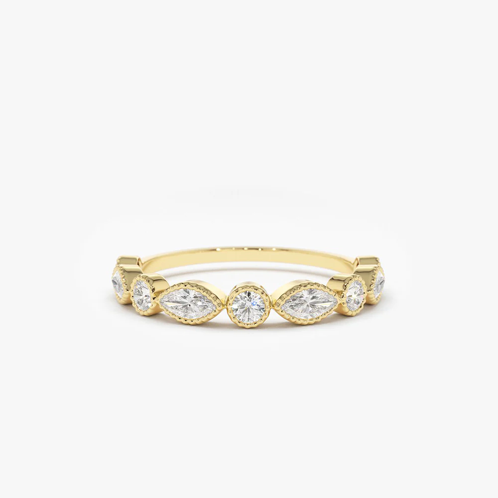 14K Marquise and Round Diamond Milgrain Bezel Setting Ring