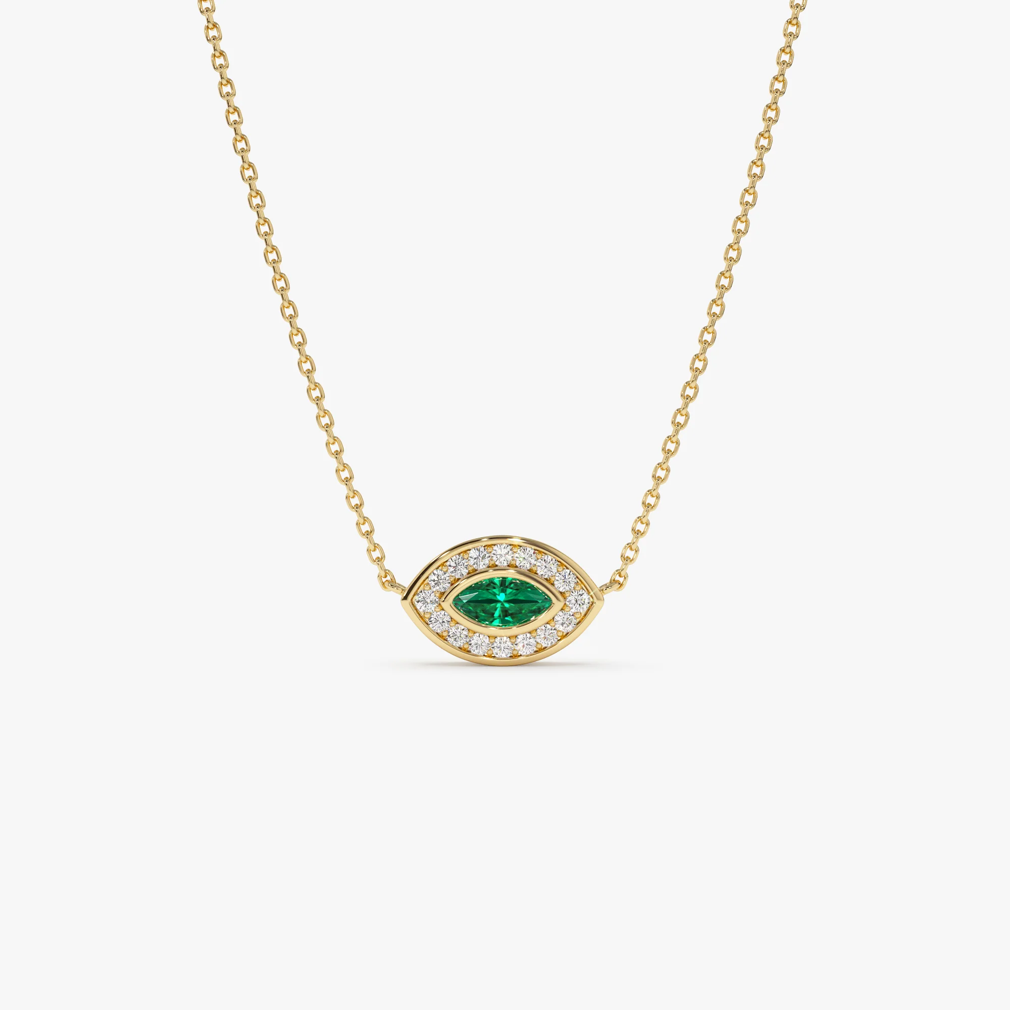 14k Marquise Emerald Diamond Halo Necklace