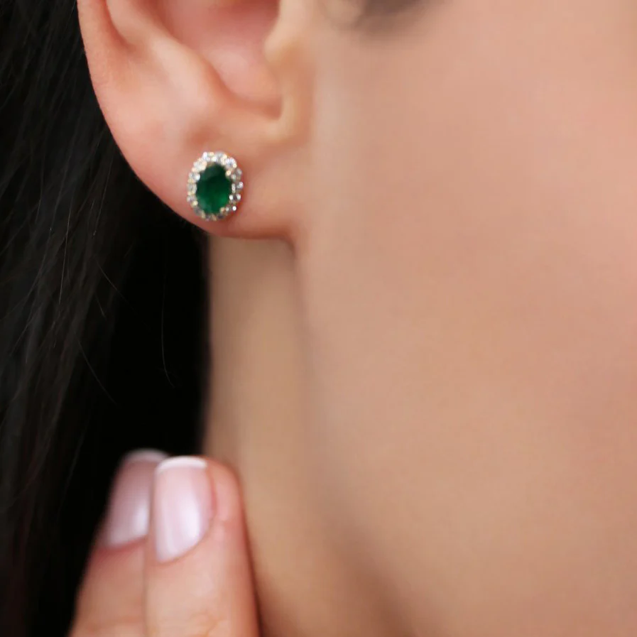 14k Gold Oval Cut Emerald Diamond Earrings - Image 2