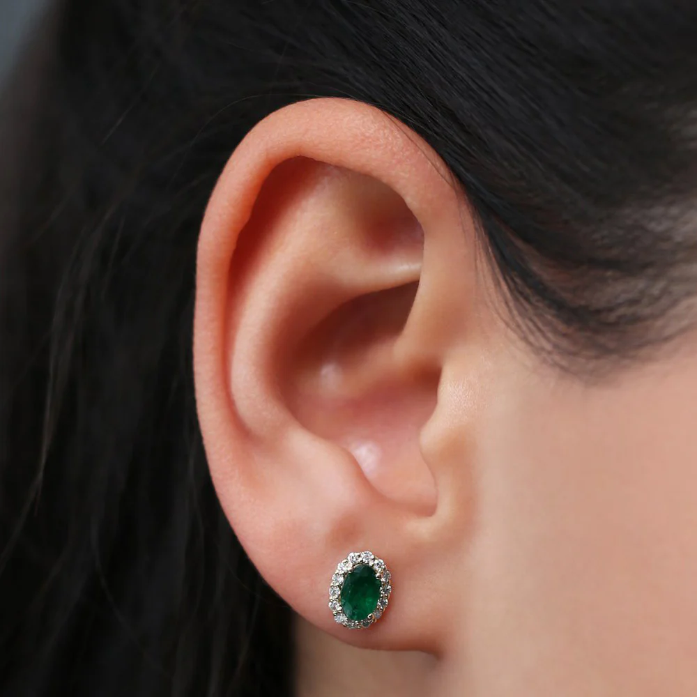 14k Gold Oval Cut Emerald Diamond Earrings - Image 3