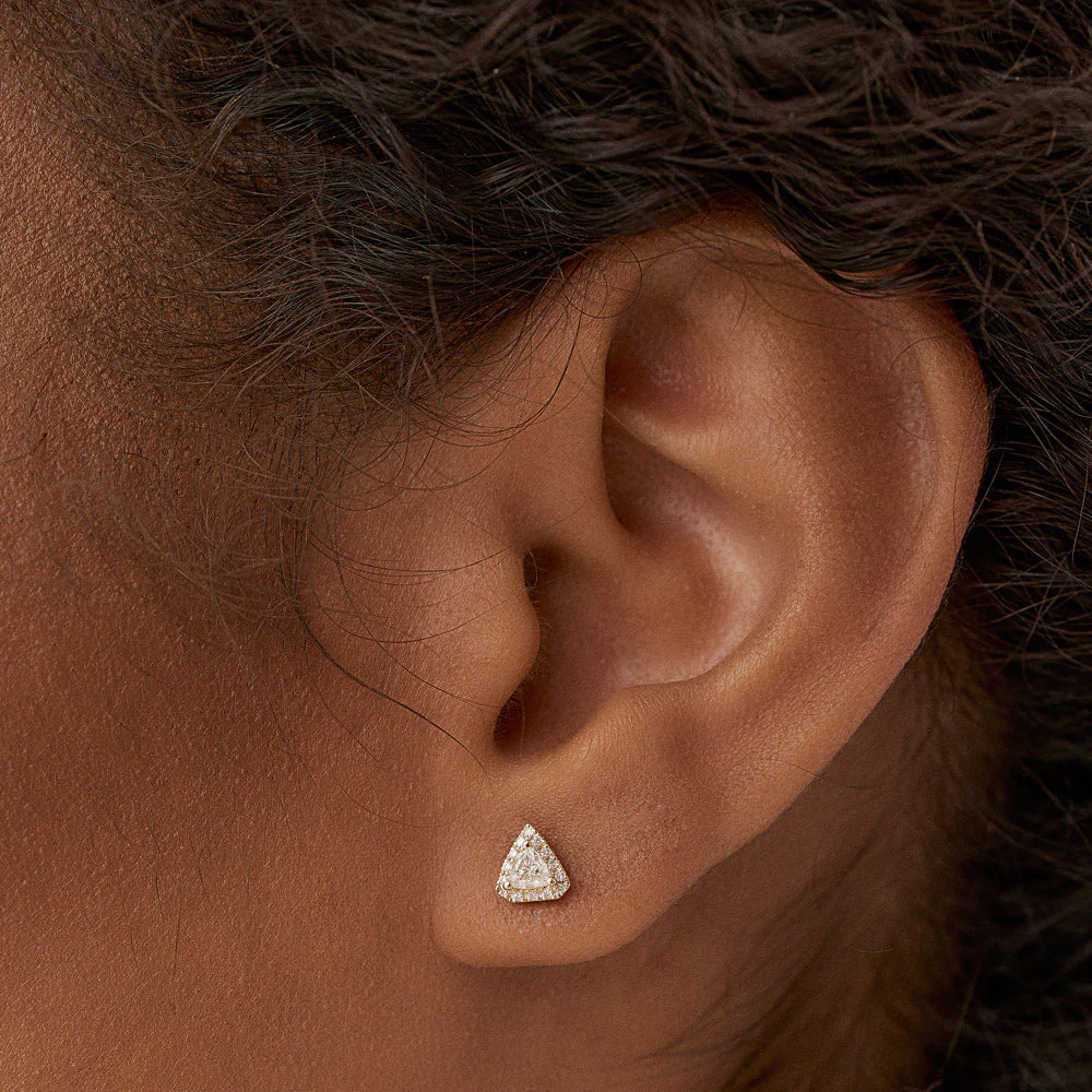 14k Petite Trillion Diamond Studs with Halo Setting - Image 2
