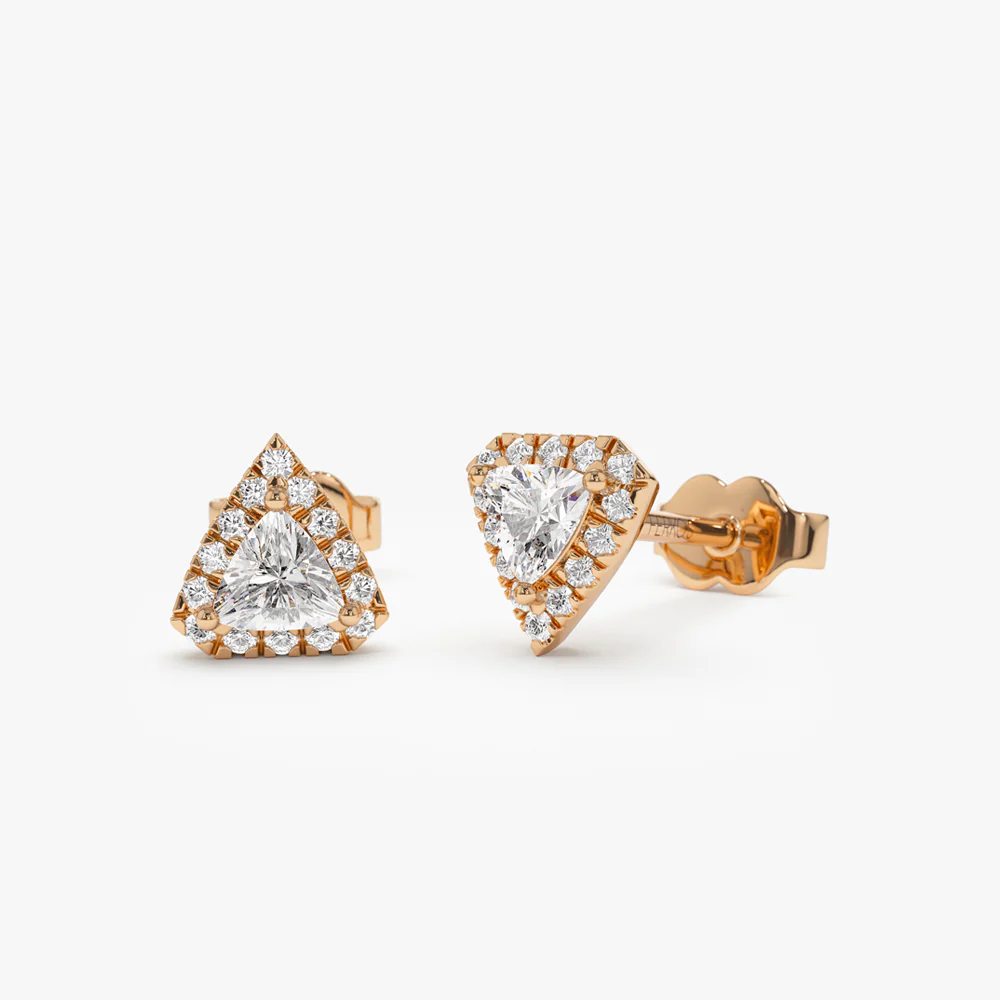 14k Petite Trillion Diamond Studs with Halo Setting - Image 4