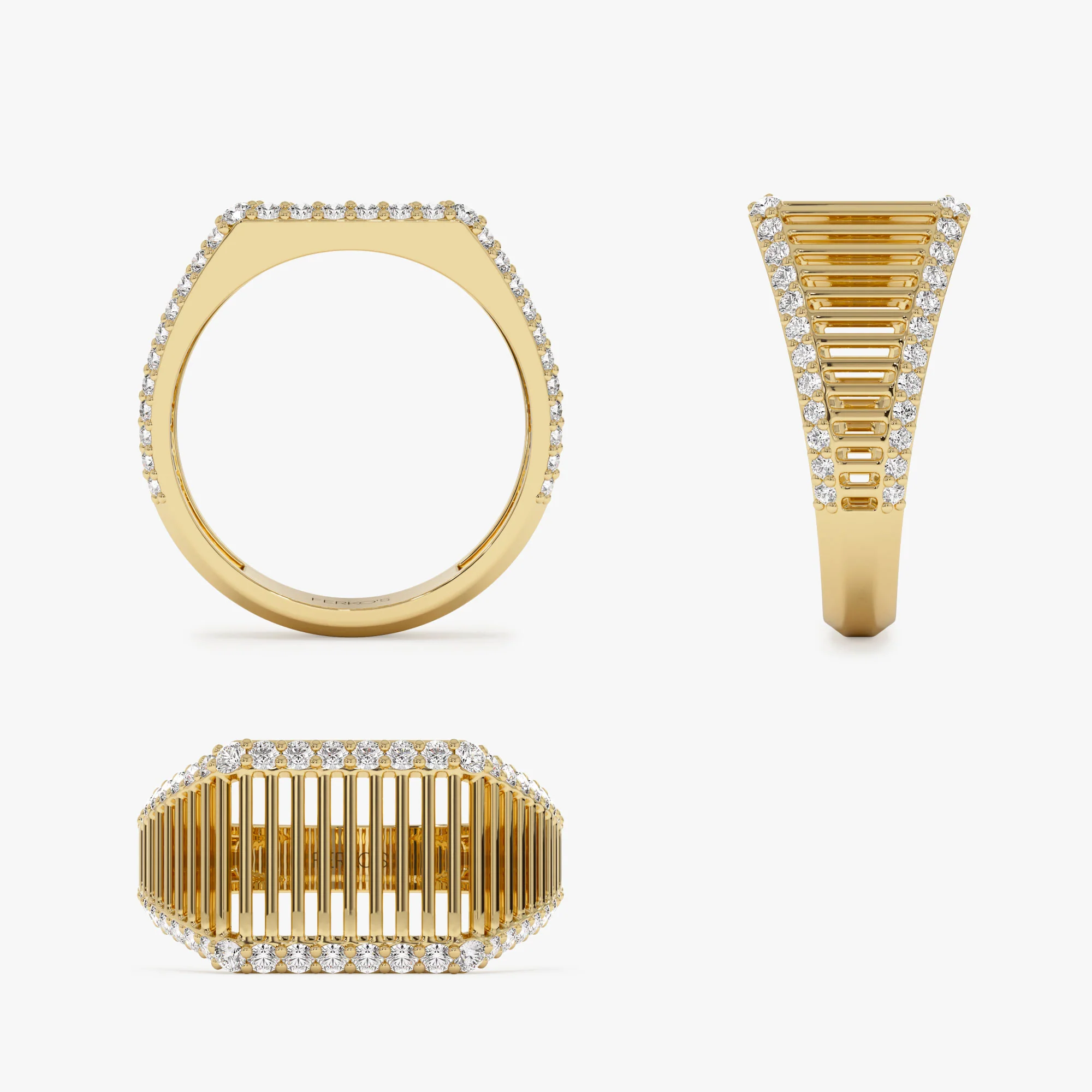 14k Ribbed Unique Design Diamond Signet Ring - Image 10