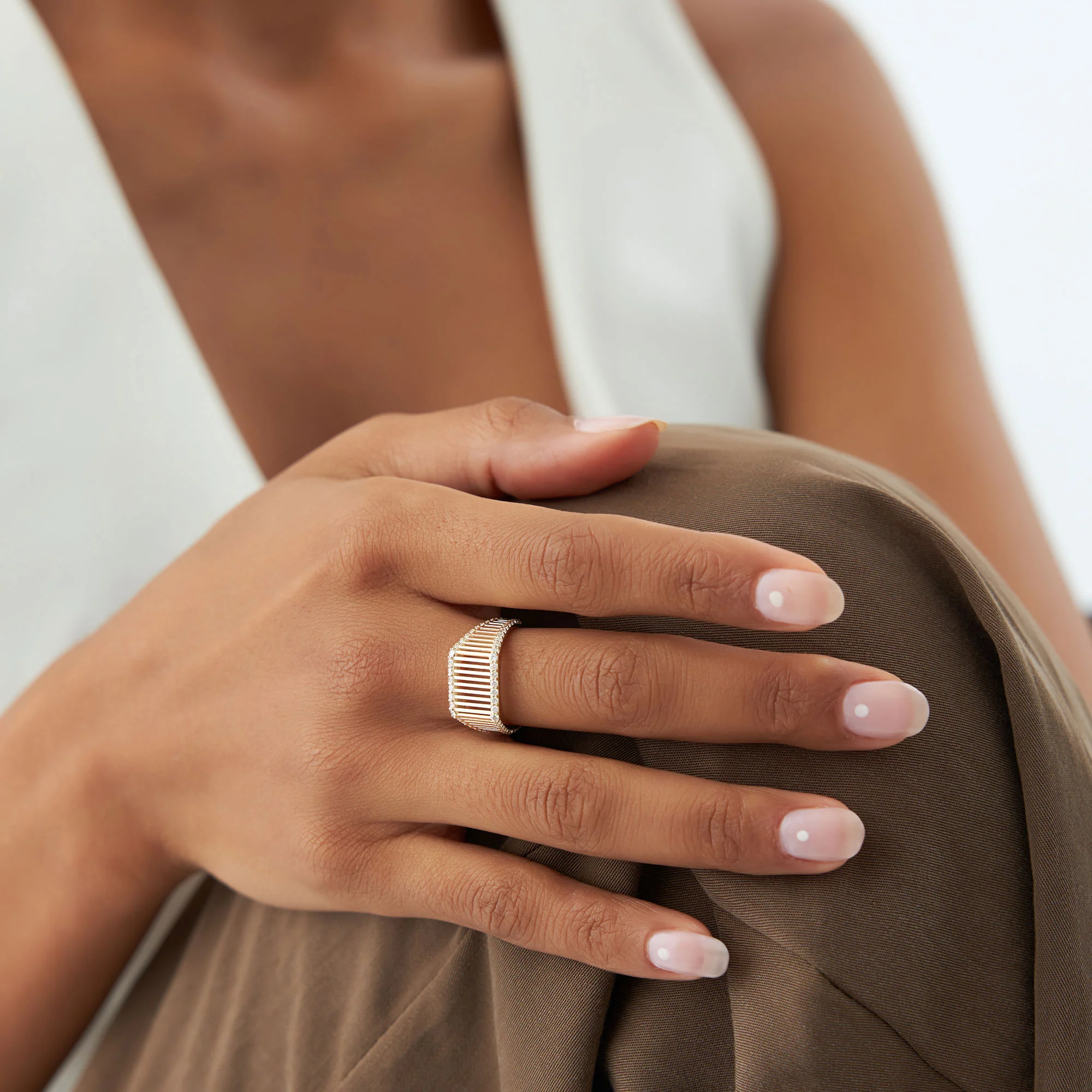 14k Ribbed Unique Design Diamond Signet Ring - Image 5