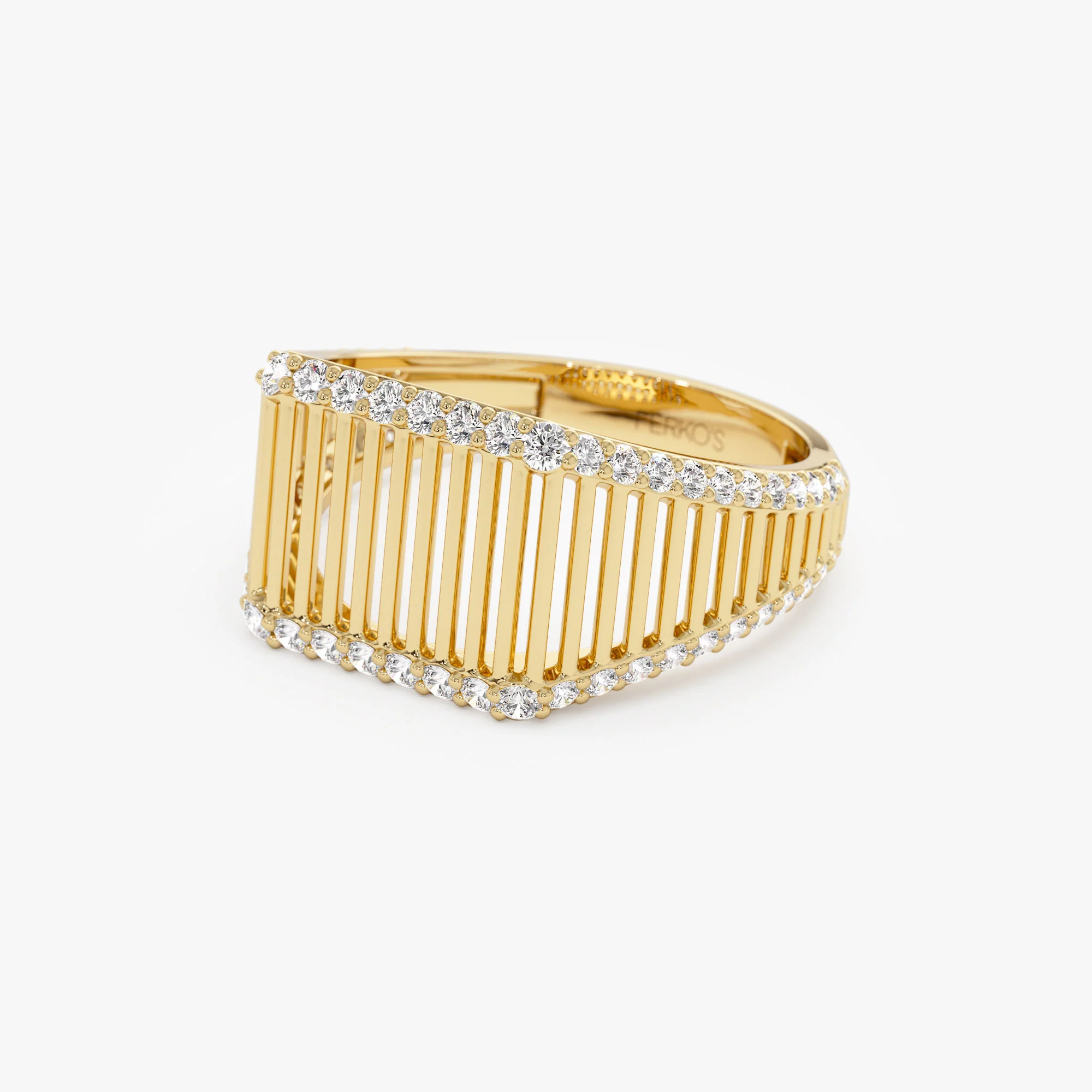 14k Ribbed Unique Design Diamond Signet Ring - Image 9