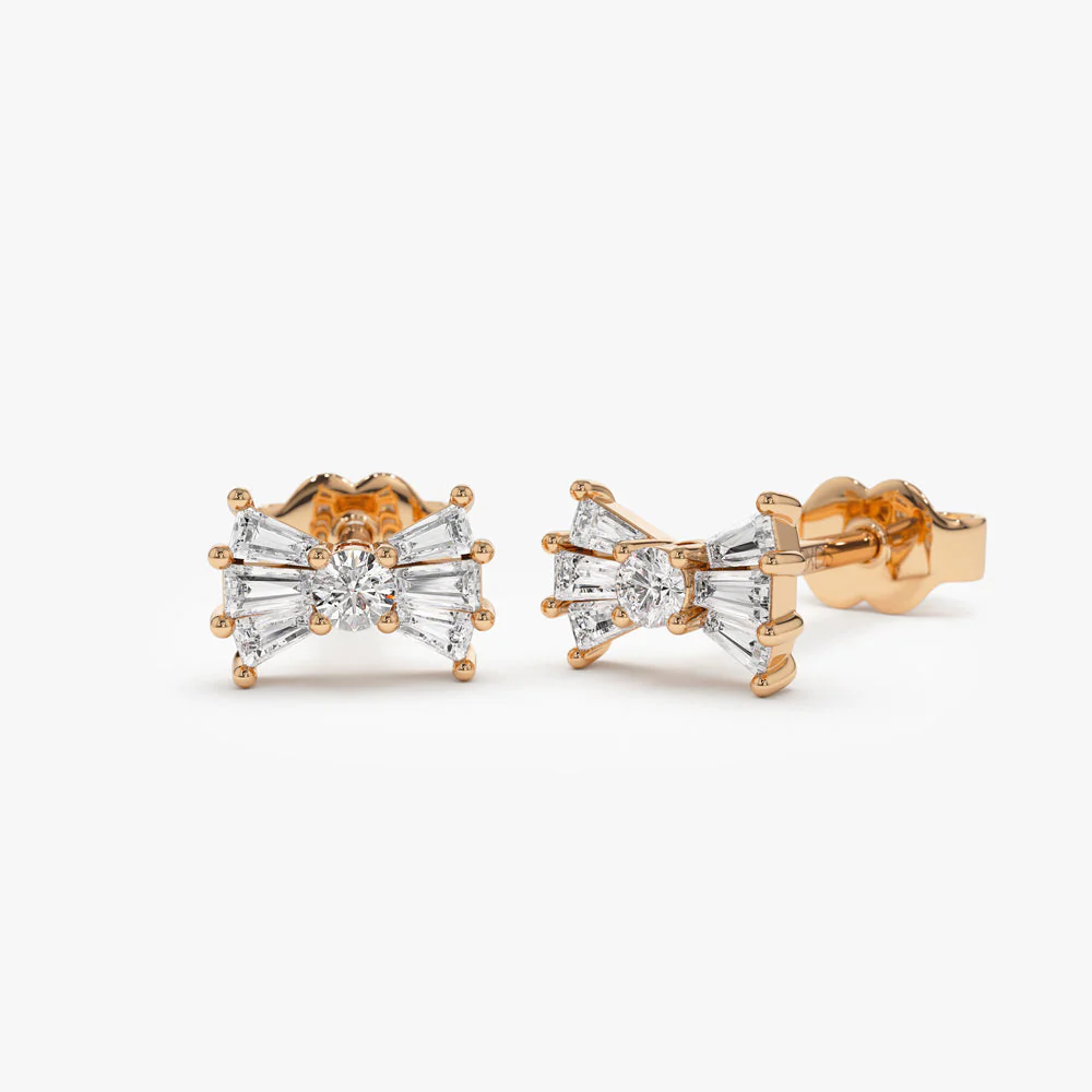 14k Rose Baguette and Round Diamond Bow Stud Earrings