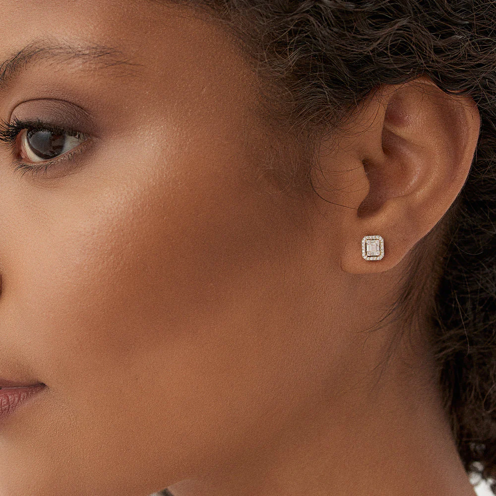 14k Rose Baguette and Round Diamond Studs Halo Setting - Image 2