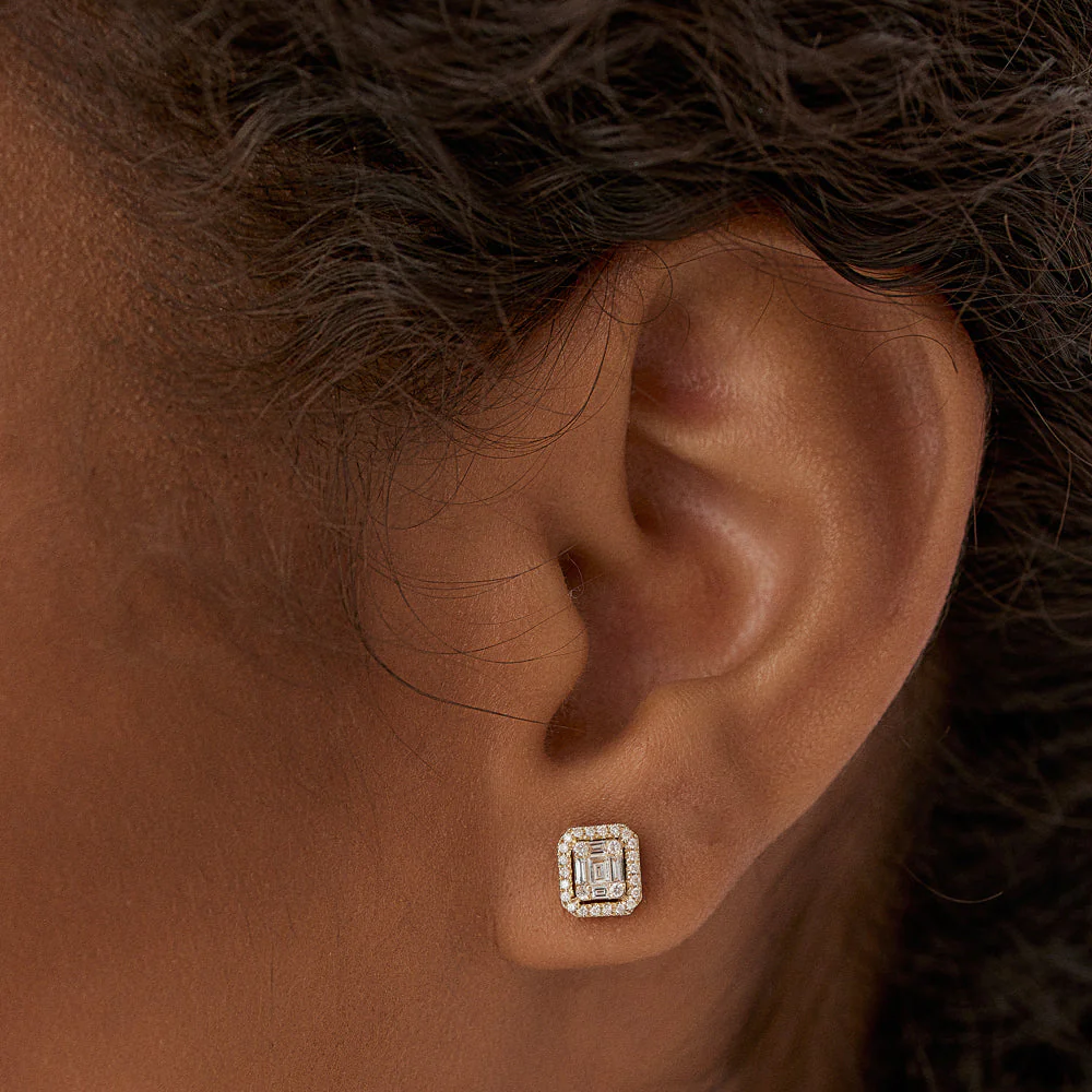 14k Rose Baguette and Round Diamond Studs Halo Setting - Image 3