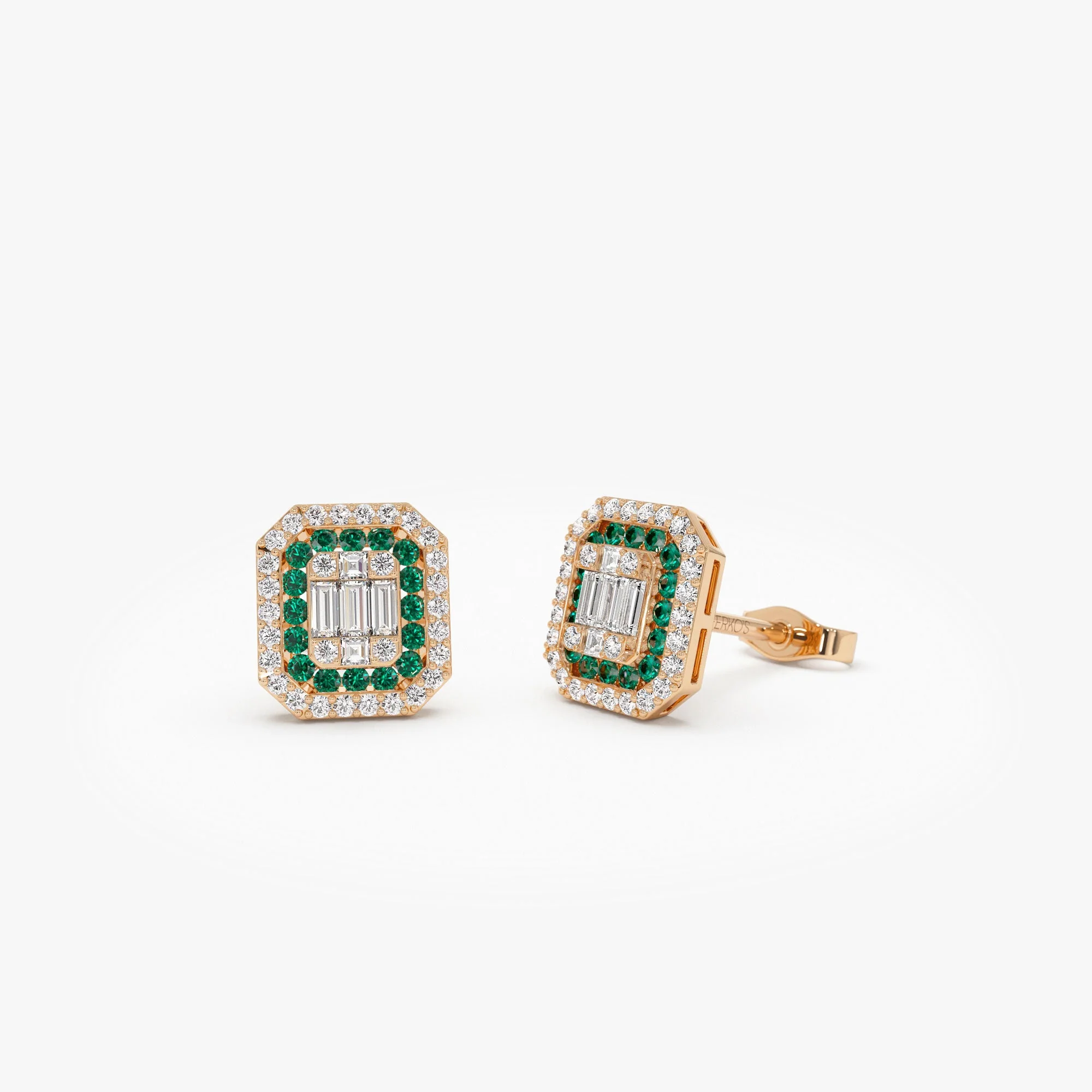14k Rose Baguette and Round Emerald Studs Halo Setting