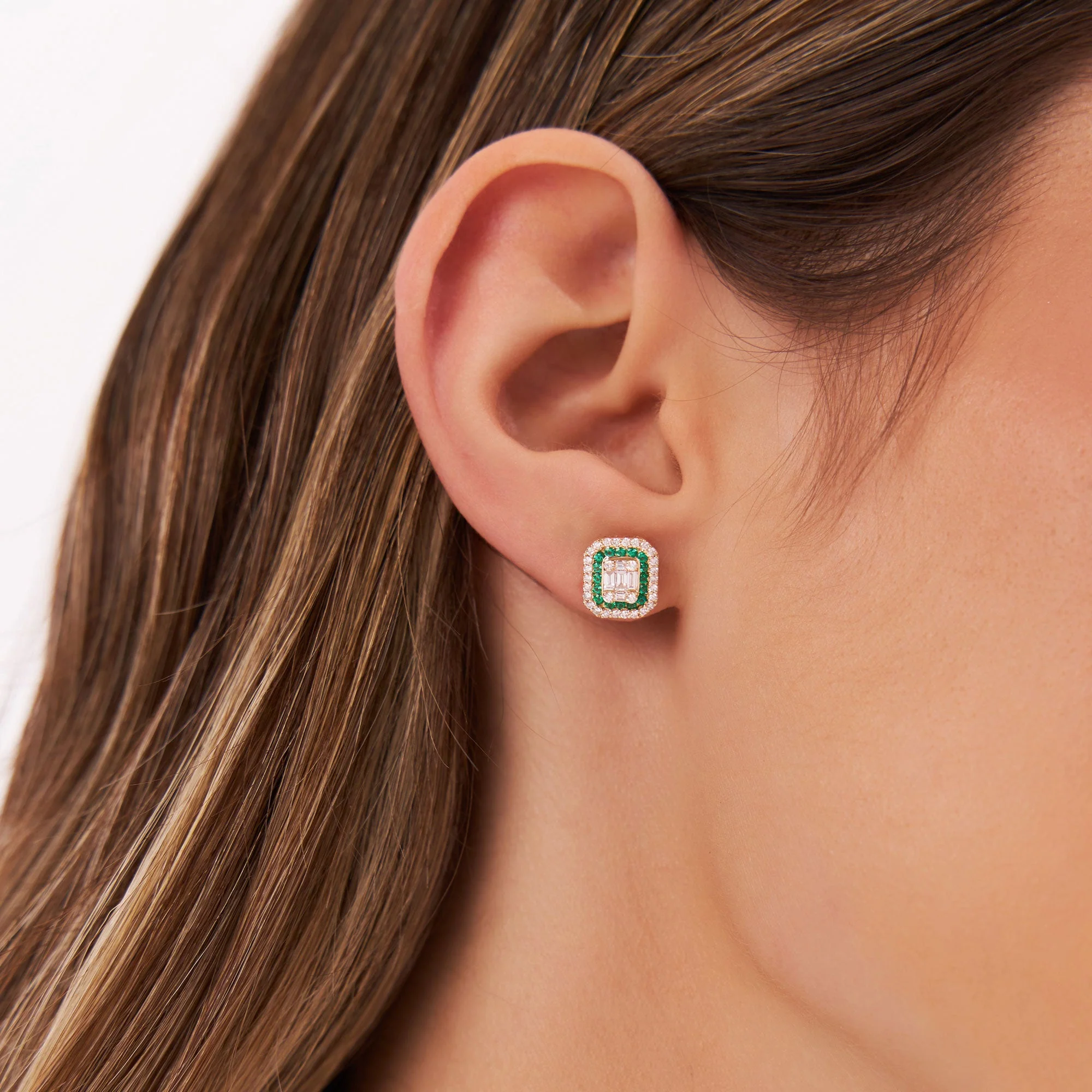 14k Rose Baguette and Round Emerald Studs Halo Setting - Image 2