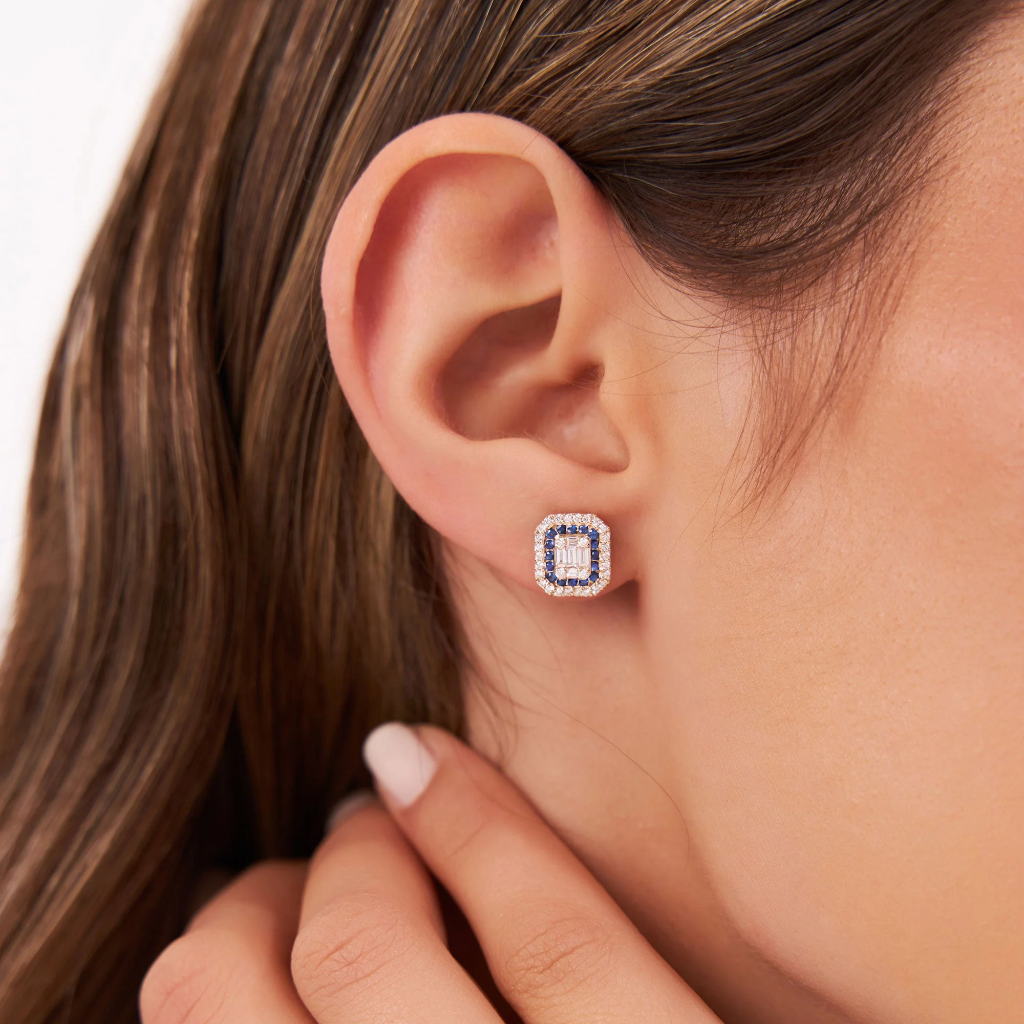 14k Rose Baguette and Round Sapphire Studs Halo Setting - Image 2